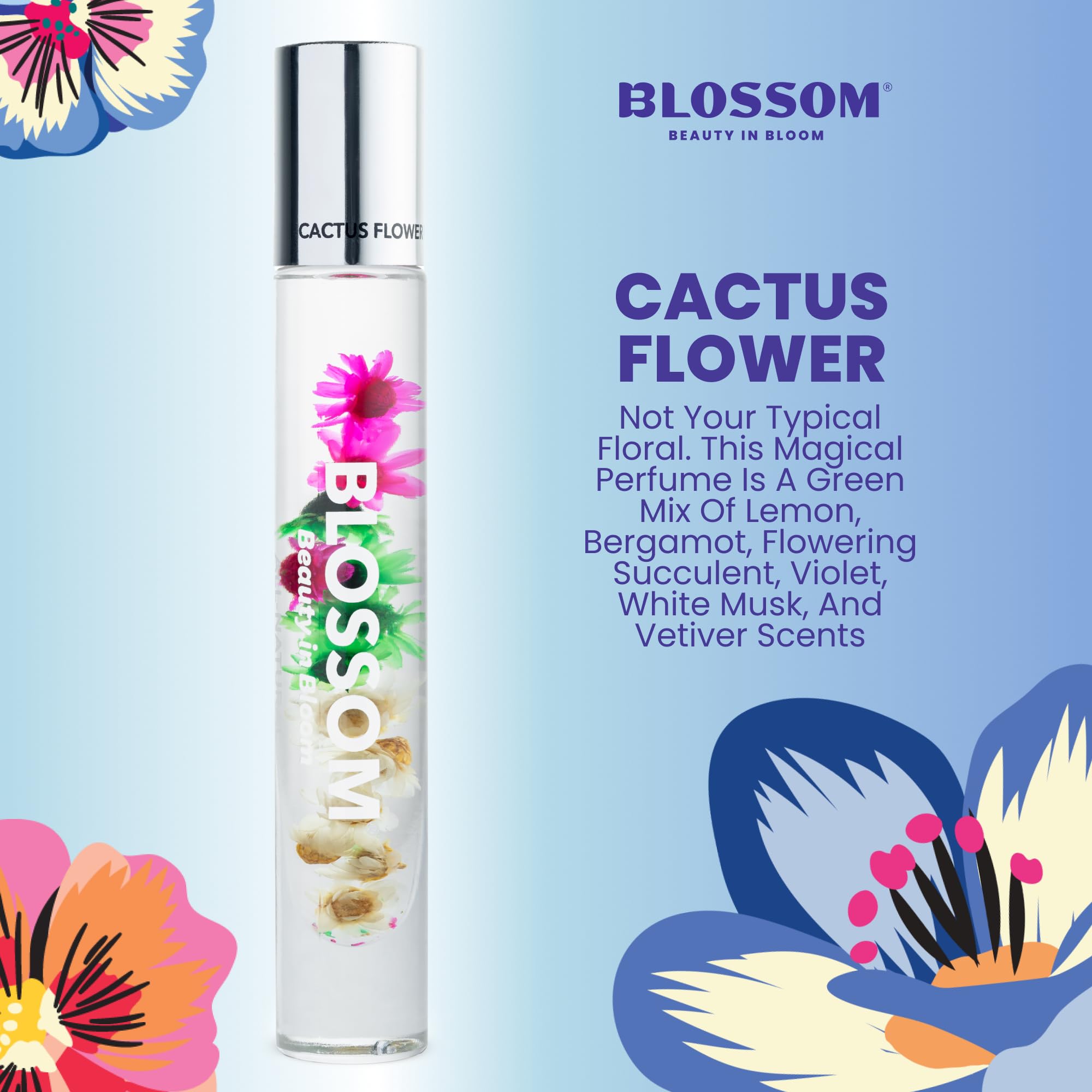 Blossom Roll On Perfume for Women - Alcohol-Free Essential Oil Rollerball Fragrance with Real Flowers, Made in USA, 0.20oz (Lemon, Bergamot, Violet, White Musk) - Cactus Flower Scent | Perfect for Daily Wear, Travel & Gift Giving