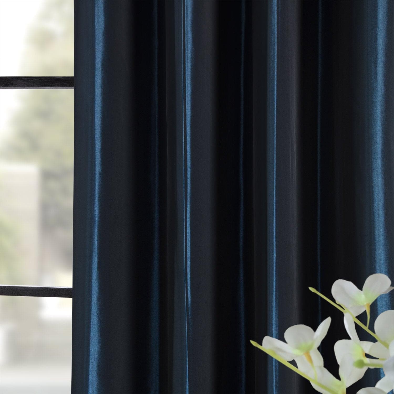 Navy Blue Grommet Faux Silk Taffeta Blackout Curtains for Bedroom & Living Room - Light Blocking, Noise Reducing Window Drapes for Home Decor