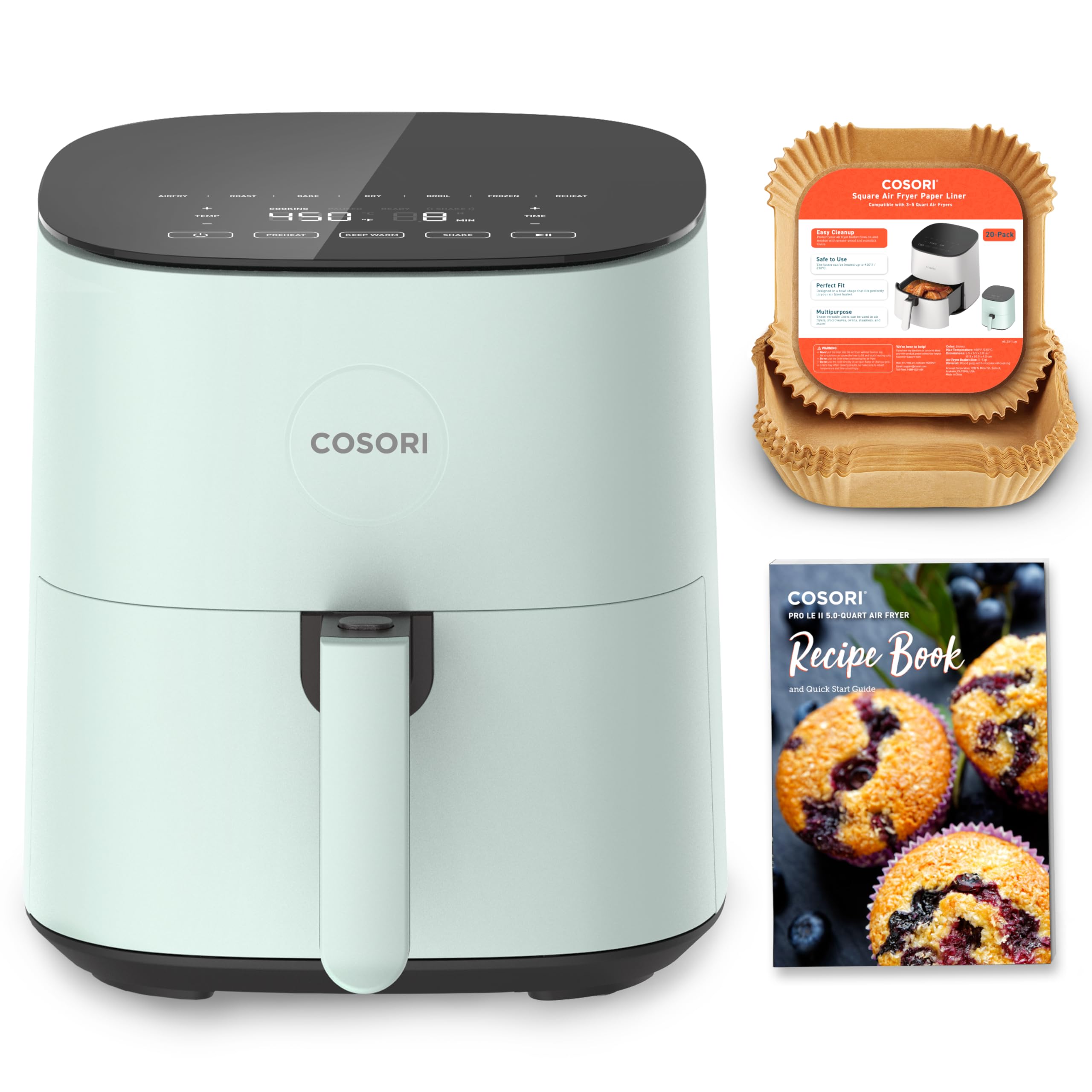 COSORI Air Fryer Pro LE 5-Qt - 10-in-1 Multi-Function Airfryer with Bake, Roast, Preheat & Dehydrate | Includes 20PCS Paper Liners, Shake Reminder & 130+ Recipes | 85% Less Oil, Compact Design, Dishwasher Safe (Green) | Perfect for Healthy Cooking, Meal Prep & Family Dinners