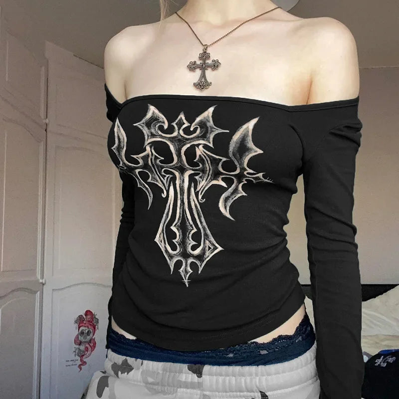 2024 Black Crop T-Shirt for Women - Long Sleeve Y2K Vintage Print Tunic Tee | Off Shoulder Sexy Fashion Top | Perfect for Casual Wear, Street Style & Night Out