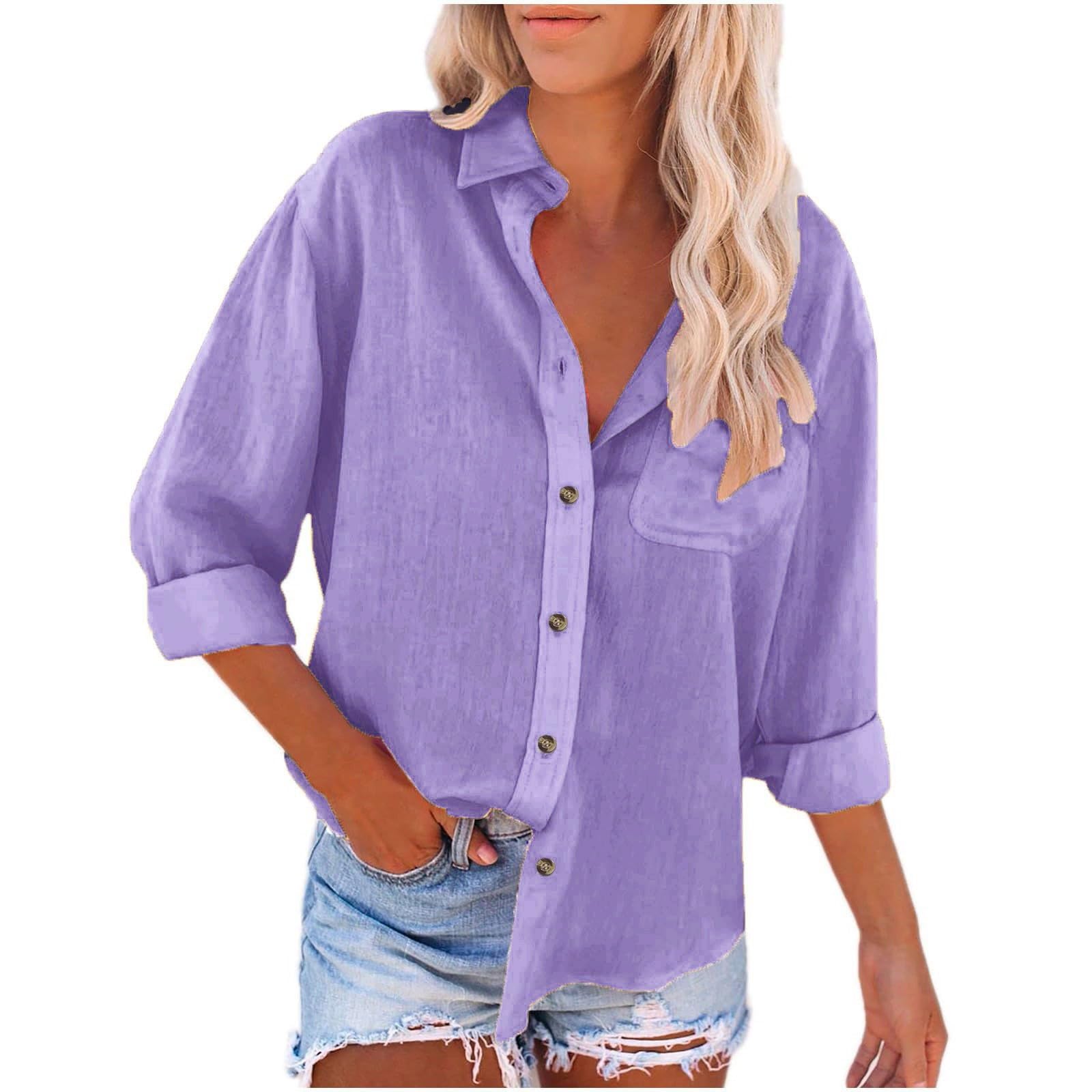Women's Cotton Linen Button Down Shirt - Long Sleeve Oversized Pocket T-Shirt for Casual Work, Beach Vacation & Everyday Wear | Breathable Comfort Top for Spring Summer Outfits