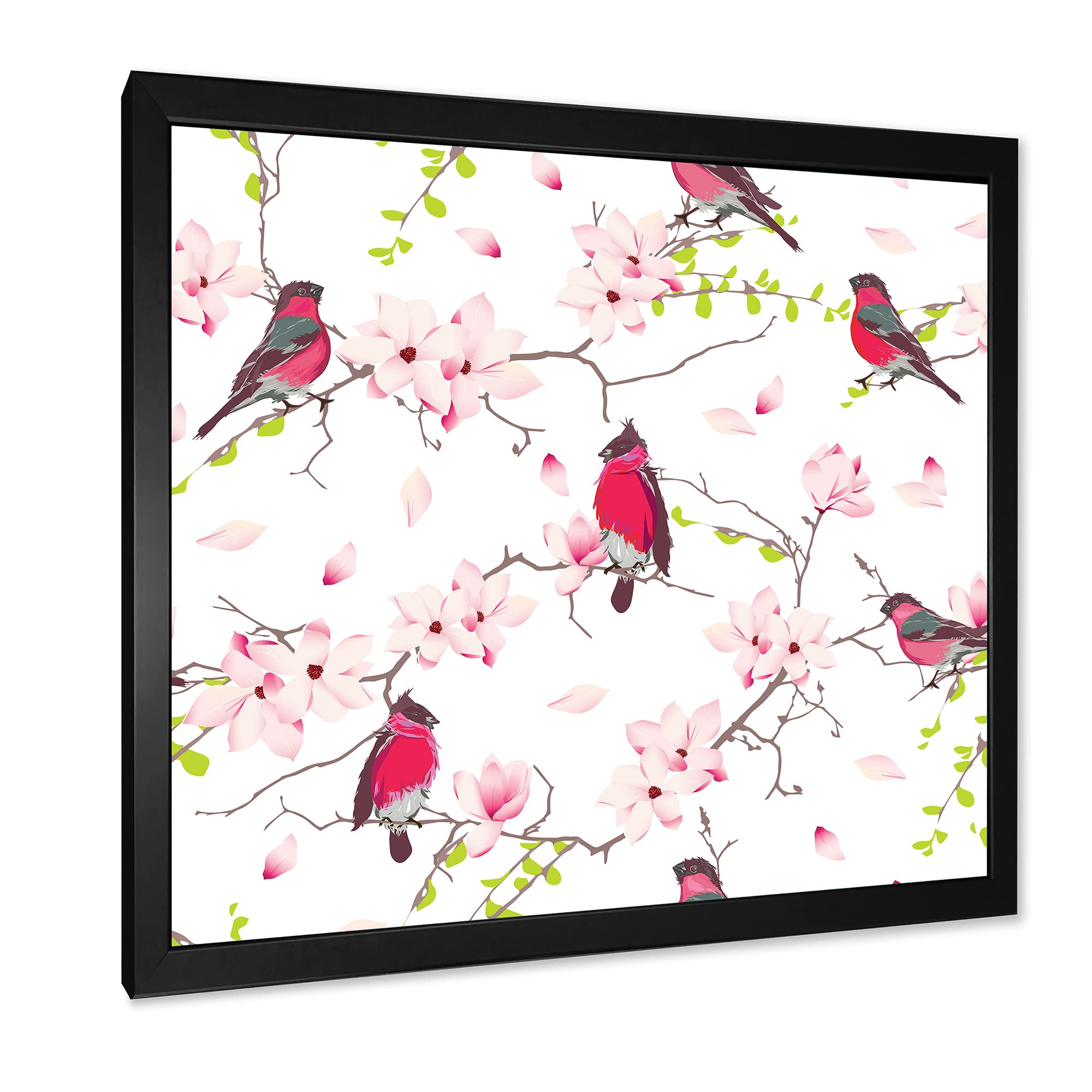 DesignQ Red Bullfinches on Magnolia Tree Framed Wall Art Painting - Traditional Home Decor for Living Room, Bedroom & Office