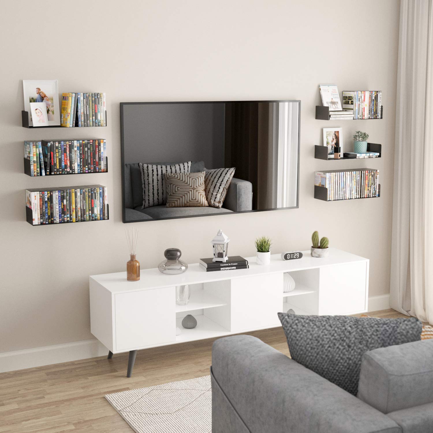 Wallniture Bali Black U-Shaped Floating Shelves - Set of 6 Wall-Mounted Shelves for Books, DVDs, CDs & Home Decor | Perfect for Living Room, Bedroom & Office Organization