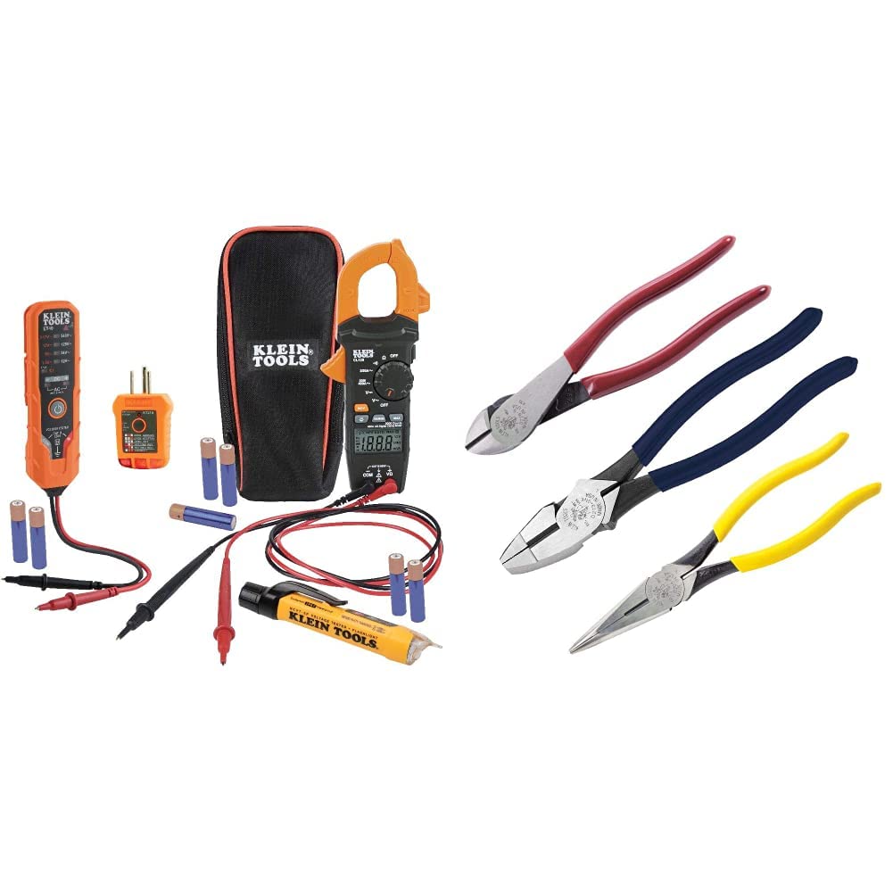 Klein Tools CL120VP Digital Voltage Tester & 80020 3-Piece Electrician Tool Set with Lineman's Pliers, Diagonal Cutters, Long Nose Pliers - Professional Electrical Repair Kit for Home Wiring, Circuit Testing, and DIY Electrical Projects