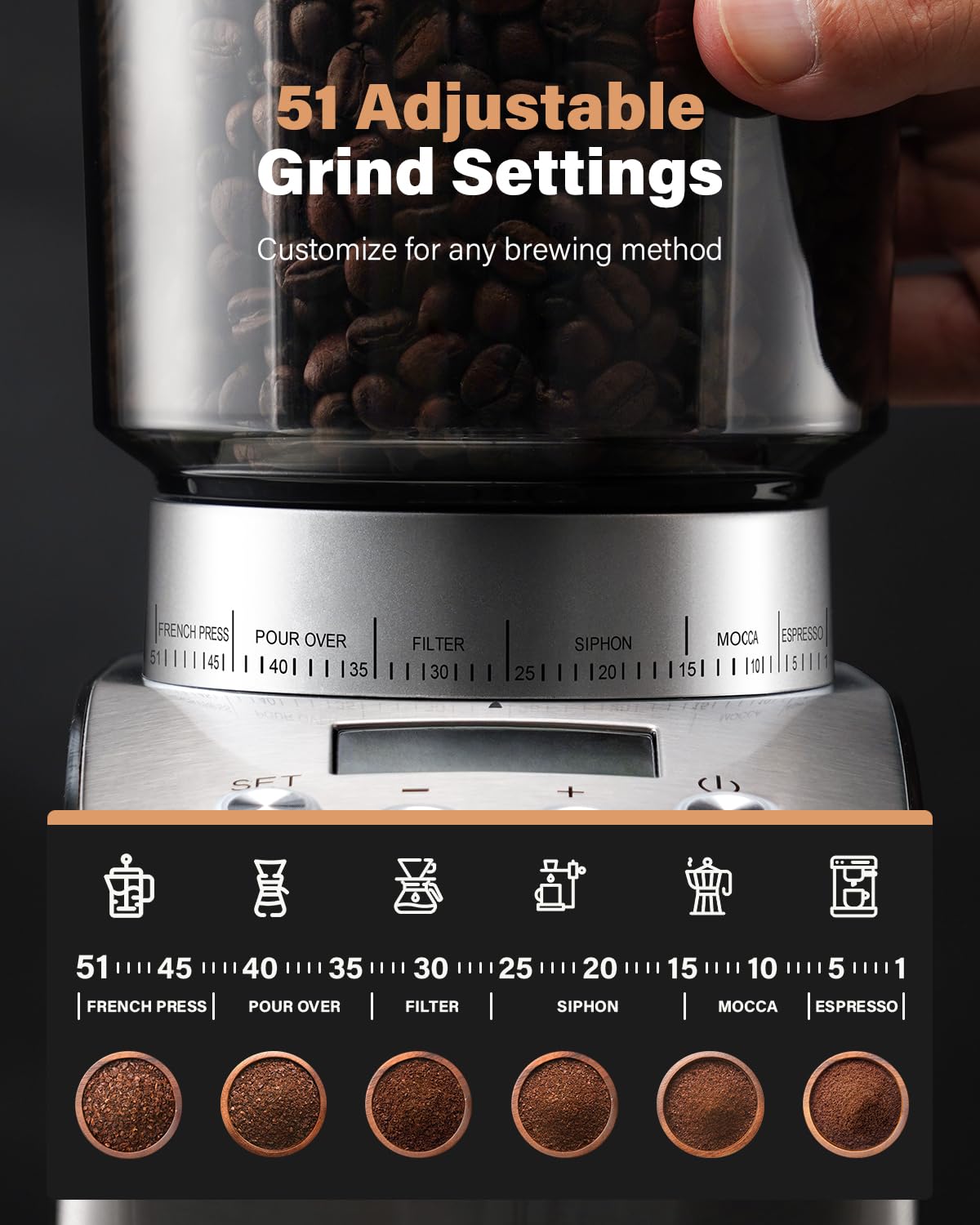 SHARDOR Electric Conical Burr Coffee Grinder - 51 Precise Settings, Adjustable Burr Mill with Stainless Steel Container & Digital Timer for Espresso, Drip Coffee & French Press - Perfect for Home Baristas & Coffee Enthusiasts