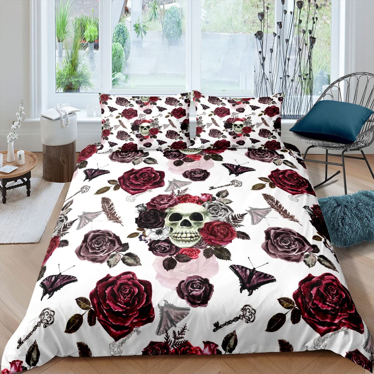 Bohemian Skull Moth Duvet Cover Set for Kids - Twin Size Gothic Skeleton Bedding with Rose Floral Design | Soft Microfiber Comforter Cover & Pillowcase (2-Piece Set) | Perfect for Boys & Girls Bedroom Decor, Halloween Themed Rooms & Gothic Style Home Interiors