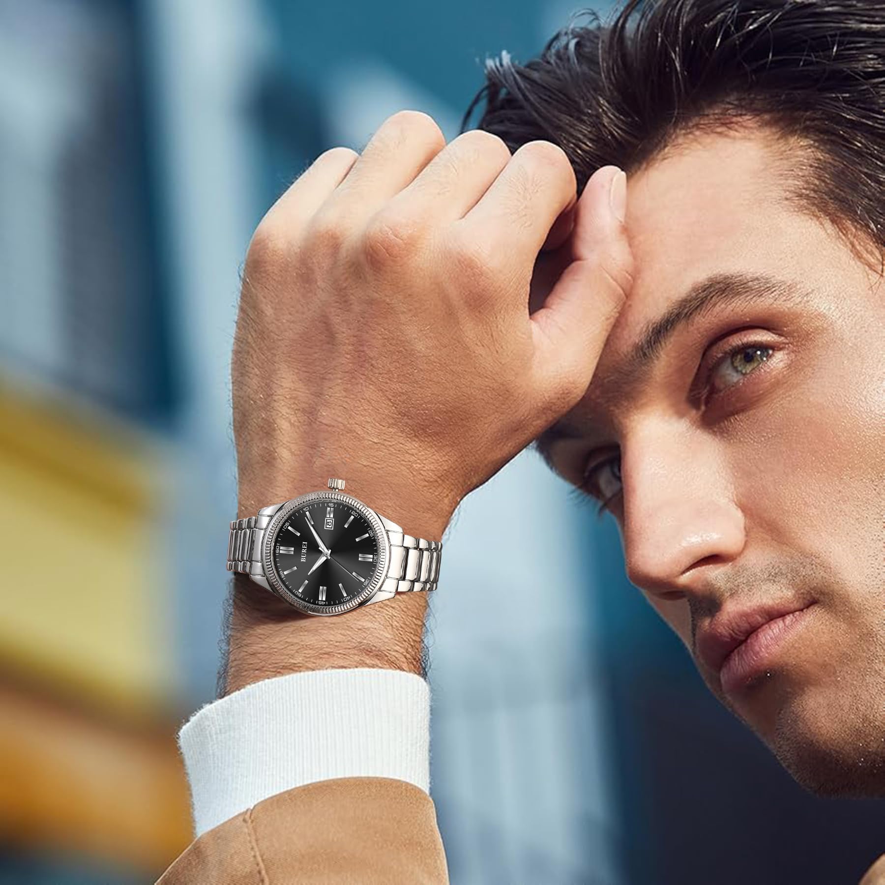 BUREI Men's Fashion Business Watch - Silver Analog Stainless Steel Quartz Waterproof Wristwatch for Men | Perfect Gift for Him | Ideal for Office, Formal Events & Everyday Wear