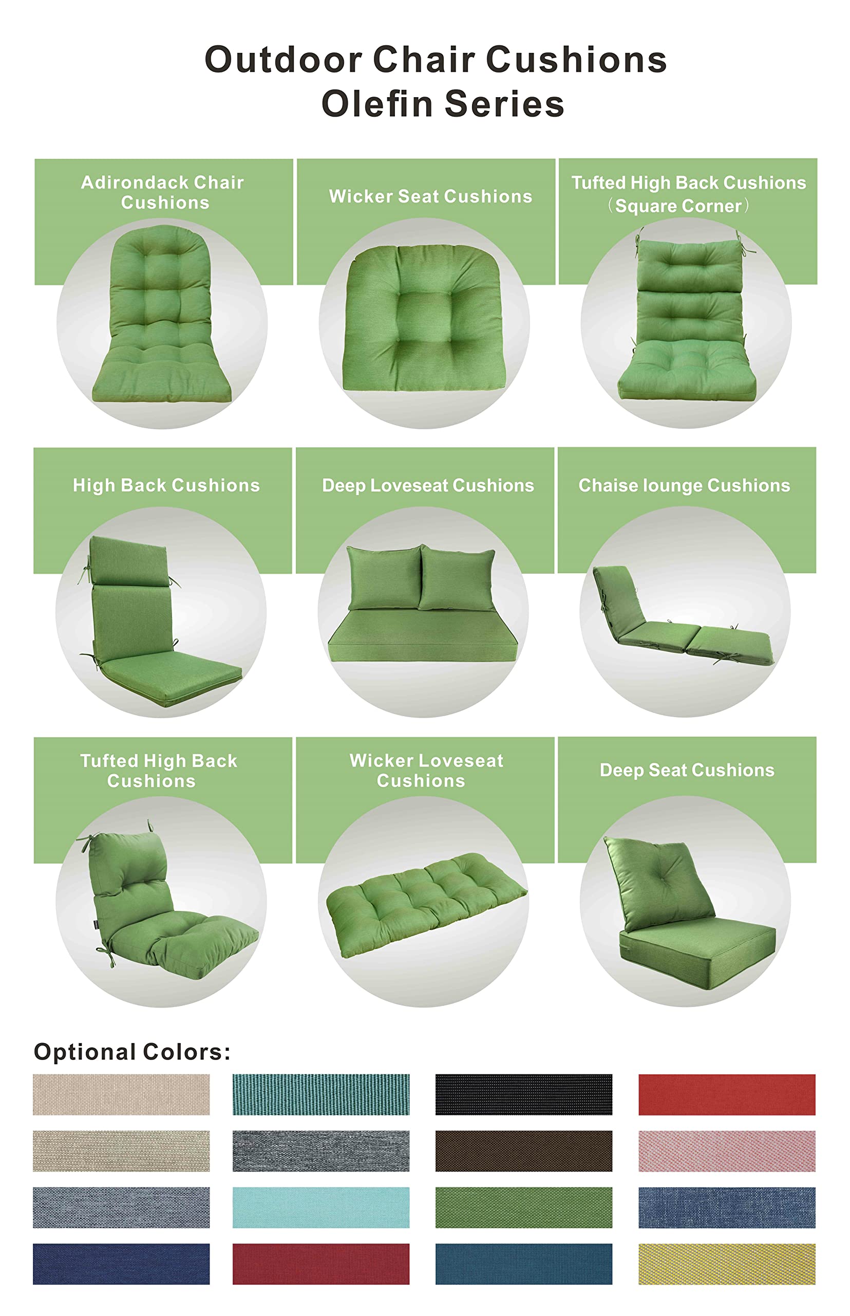 BOSSIMA Indoor Outdoor Deep Seat Chair Cushion Set - Spring Summer Seasonal Replacement Cushions (Olefin Deep Green) - Perfect for Patio, Deck, Porch & Garden Furniture