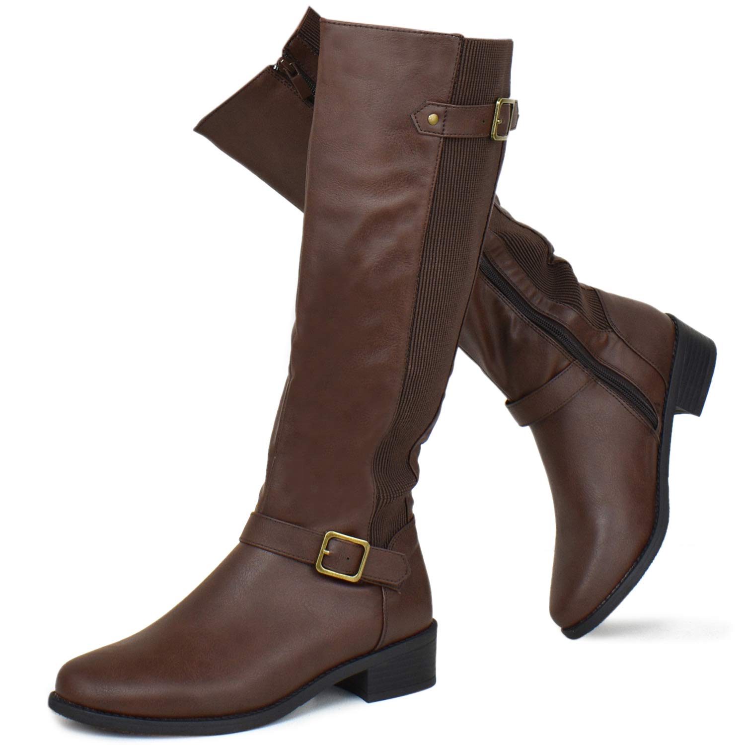 Prime Shoes - Women's Strappy Buckle Knee High Boots with Elastic Panel & Side Zipper - Low Heel Combat Boots for Casual Outfits, Night Out & Fall Fashion