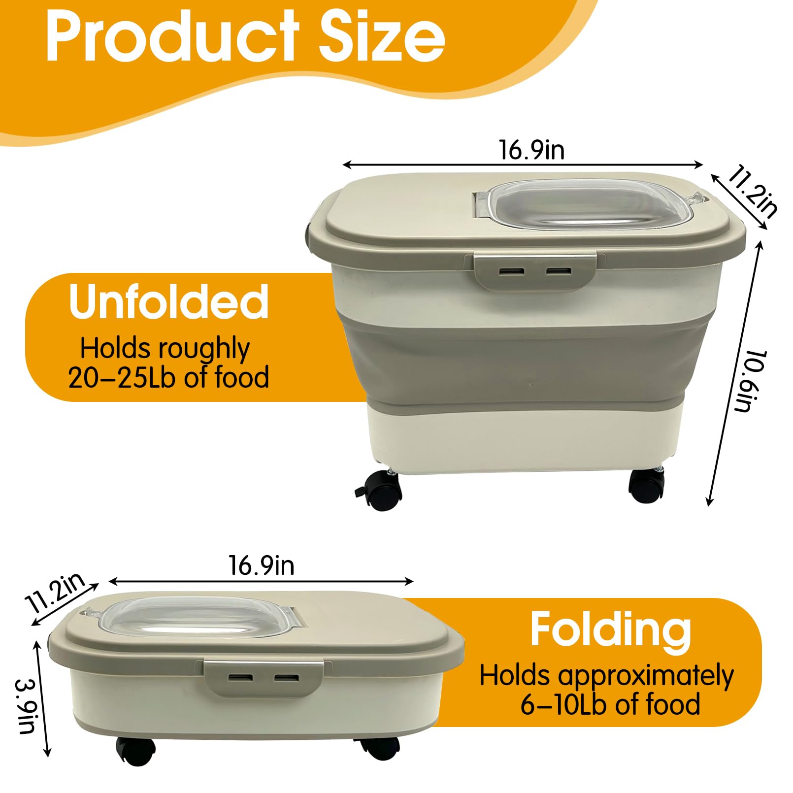 VCEPJH 20Lb Collapsible Pet Food Storage Container with Wheels, Scoop & Measuring Cup - Airtight Dog & Cat Food Bin for Dry Food, Rice, Cereal, Flour - Space Saving Kitchen Storage (Khaki) - Perfect for Home, Travel & Outdoor Use