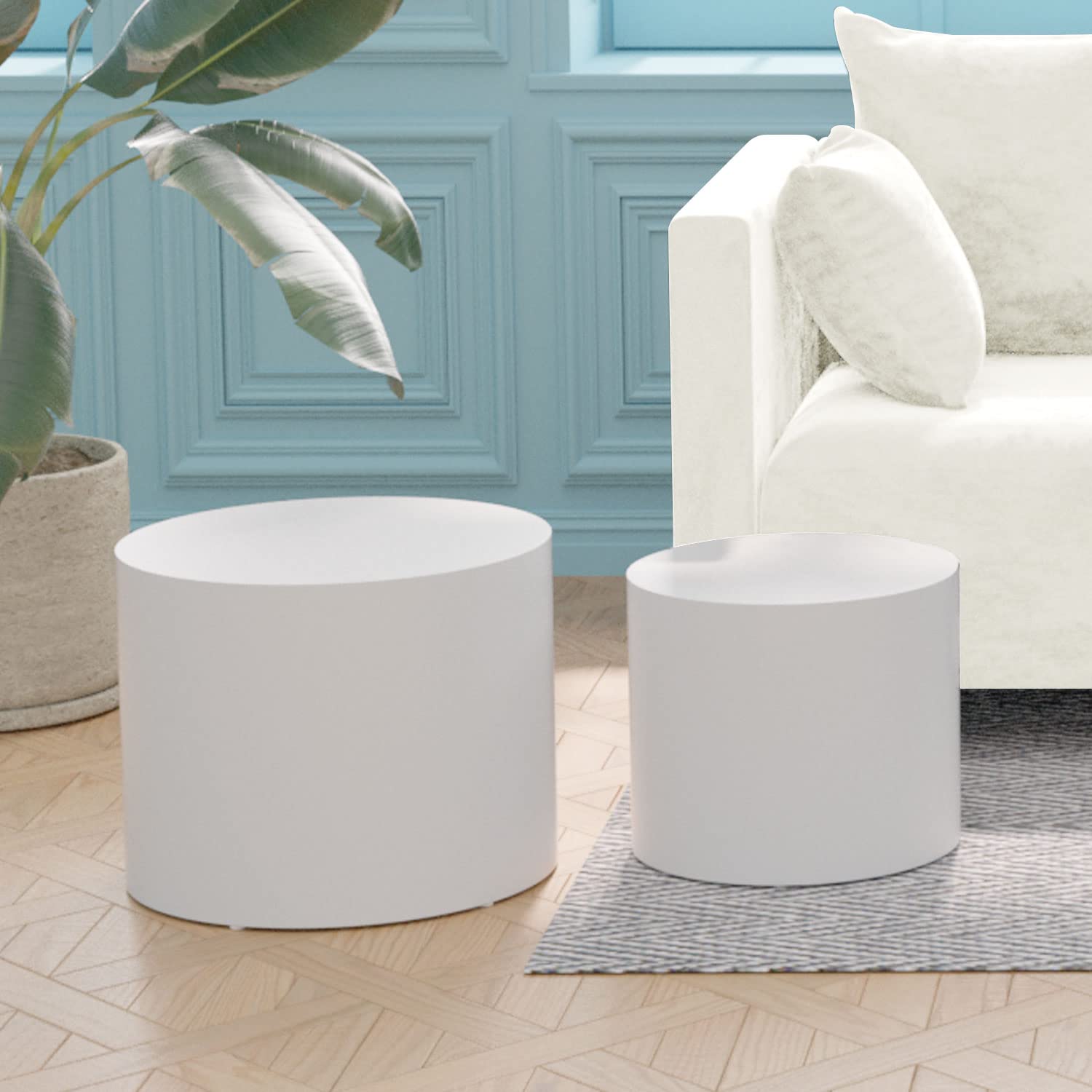 Kevinplus Small White Coffee Table & Nesting End Table Set of 2 - Solid Wood Round Side Tables for Living Room, Bedroom & Office - No Assembly Required (White) - Perfect for Small Spaces, Apartment Decor & Coffee Station Setup