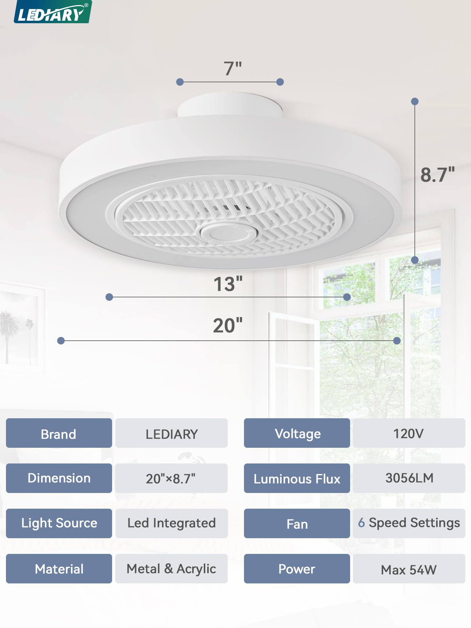 LEDIARY 20 Inch Low Profile Ceiling Fan With Light - Remote Control LED Bladeless Flush Mount Fan, 3000-6000K Color Temperature, 6 Speed Settings, 3000LM Brightness, 57W Energy Efficient (White) - Perfect for Bedroom, Living Room, and Office Spaces