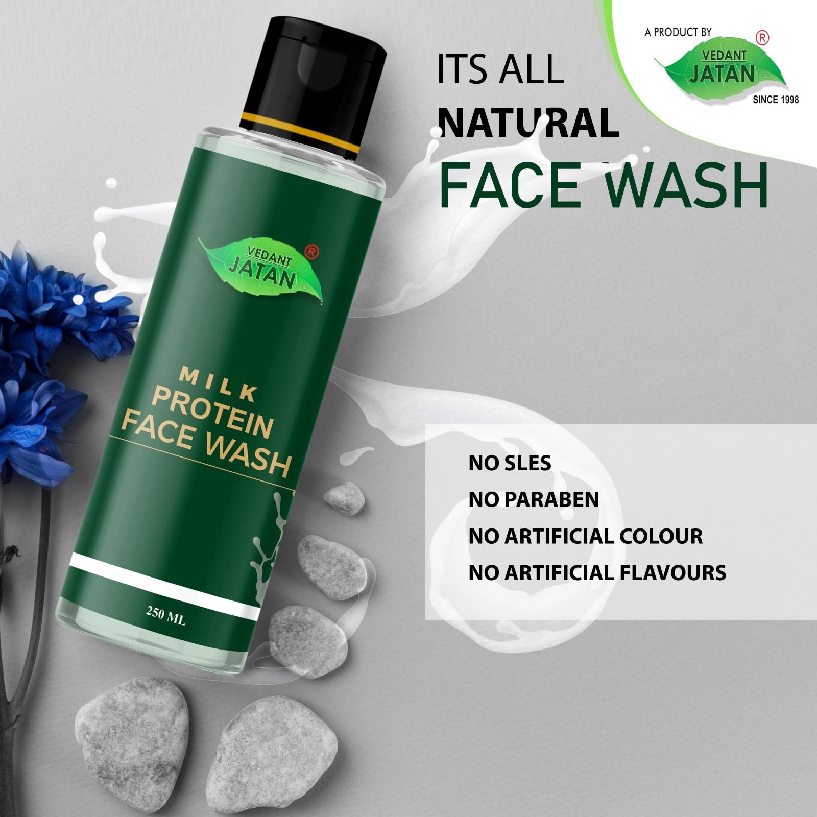 VEDANT JATAN Milk Face Wash for Glowing Skin - Moisturizing Facial Cleanser with Natural Ingredients, 250ml (Pack of 1) | Gentle Daily Cleansing for Dry & Sensitive Skin, Morning & Night Skincare Routine