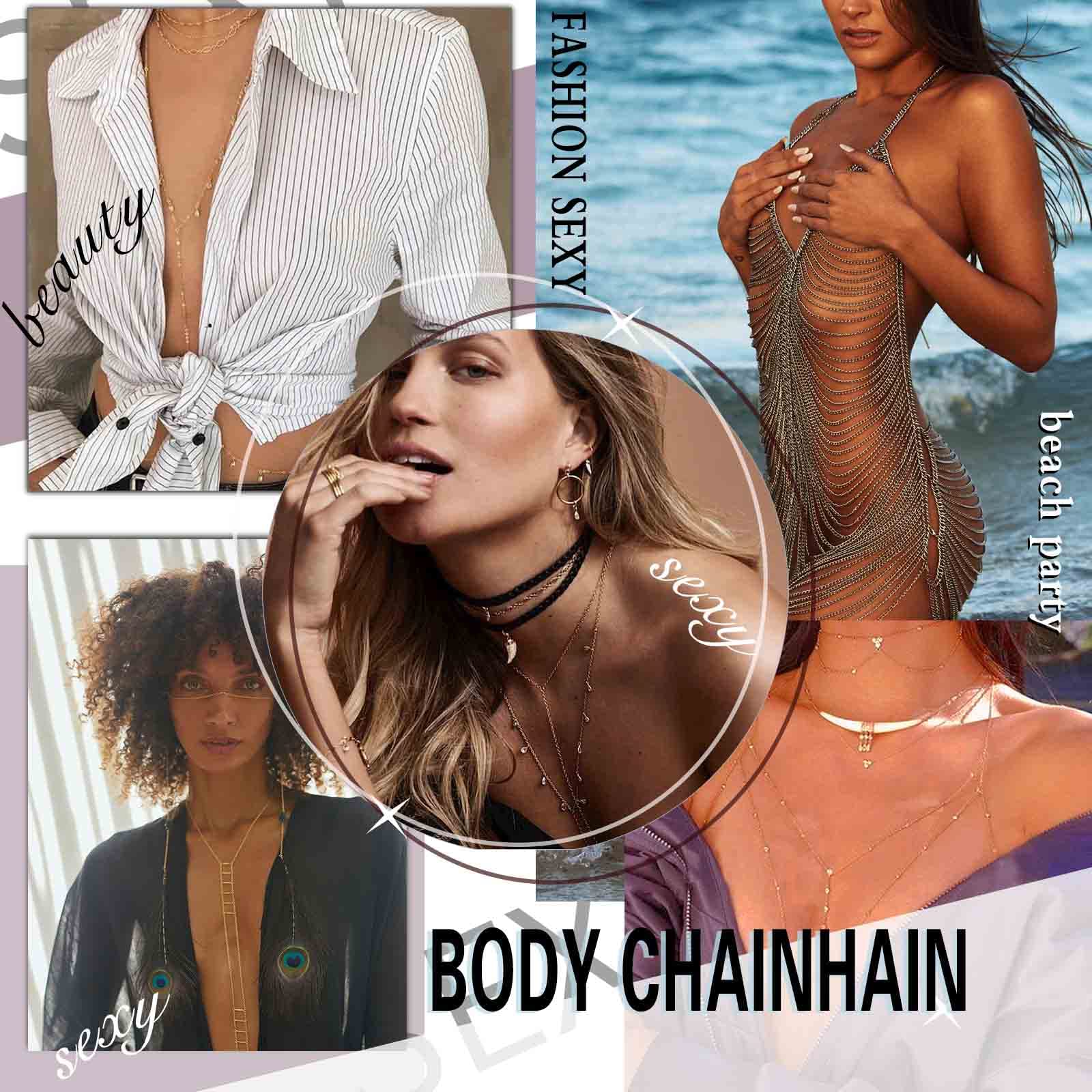 Wendalern Gold Pearl Body Chain for Women - Sexy Bikini Bra Chain, Boho Beach Jewelry, Belly Harness Necklace - Perfect for Pool Parties, Prom, Festivals & Beach Vacations