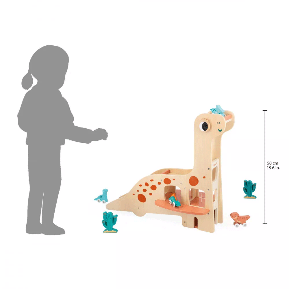 Janod Dino Garage - Wooden Toy Car Garage for Kids with Dinosaur Theme | Pretend Play, Imaginative Play, Gift for Boys & Girls Ages 3+