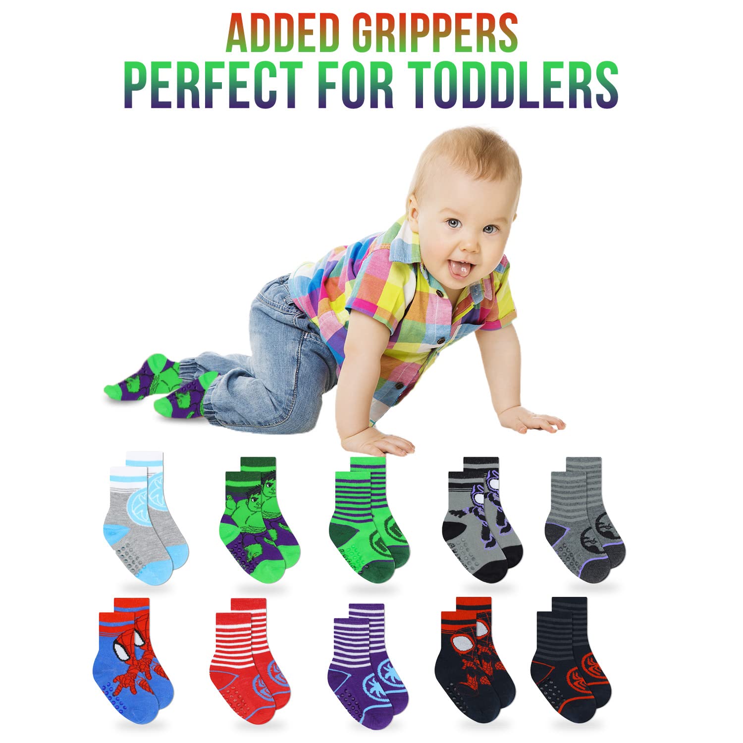 Spider-Man Grip Socks for Toddler Boys - 10 Pack Non-Slip Socks with Superhero Design - Perfect for Playtime, Daycare & Indoor Activities