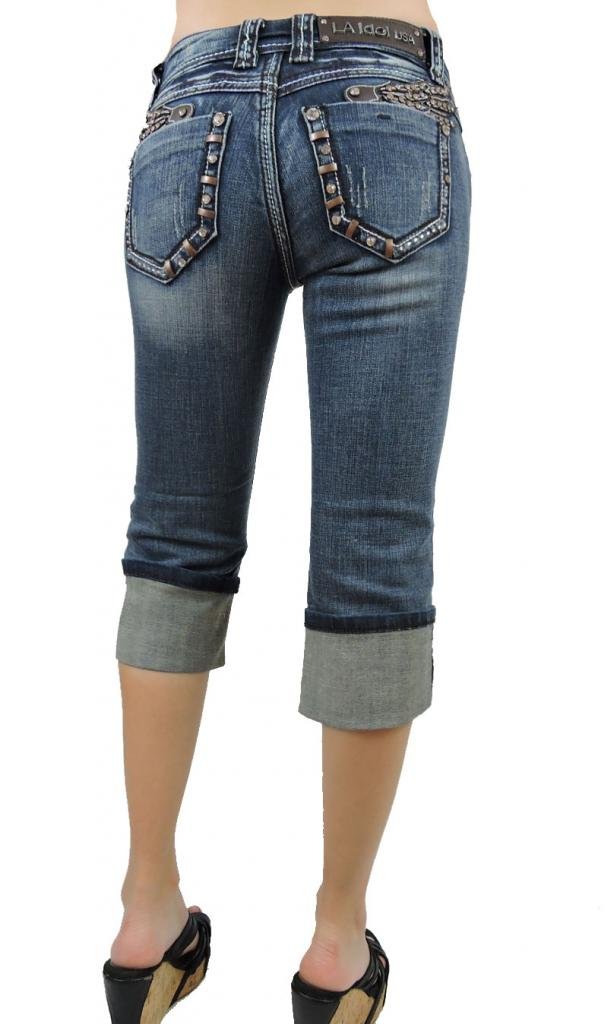 LA Idol Women's Capri Jeans with Angel Wing Crystal Embellishment - Vintage Blue Wash Stretch Denim for Casual Outfits & Summer Fashion