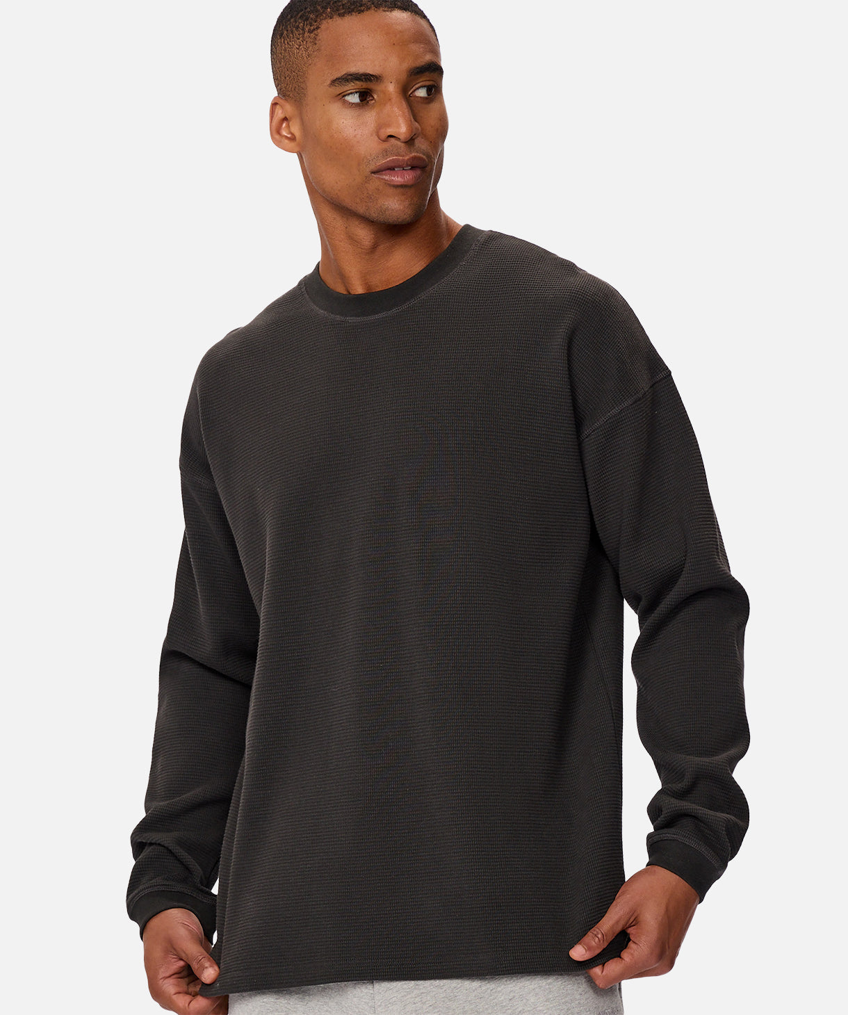 Bridgeport Waffle Long Sleeve T-Shirt for Men - Soft Thermal Crewneck Top in Obsidian Black | Casual Winter Wear & Layering Essential
