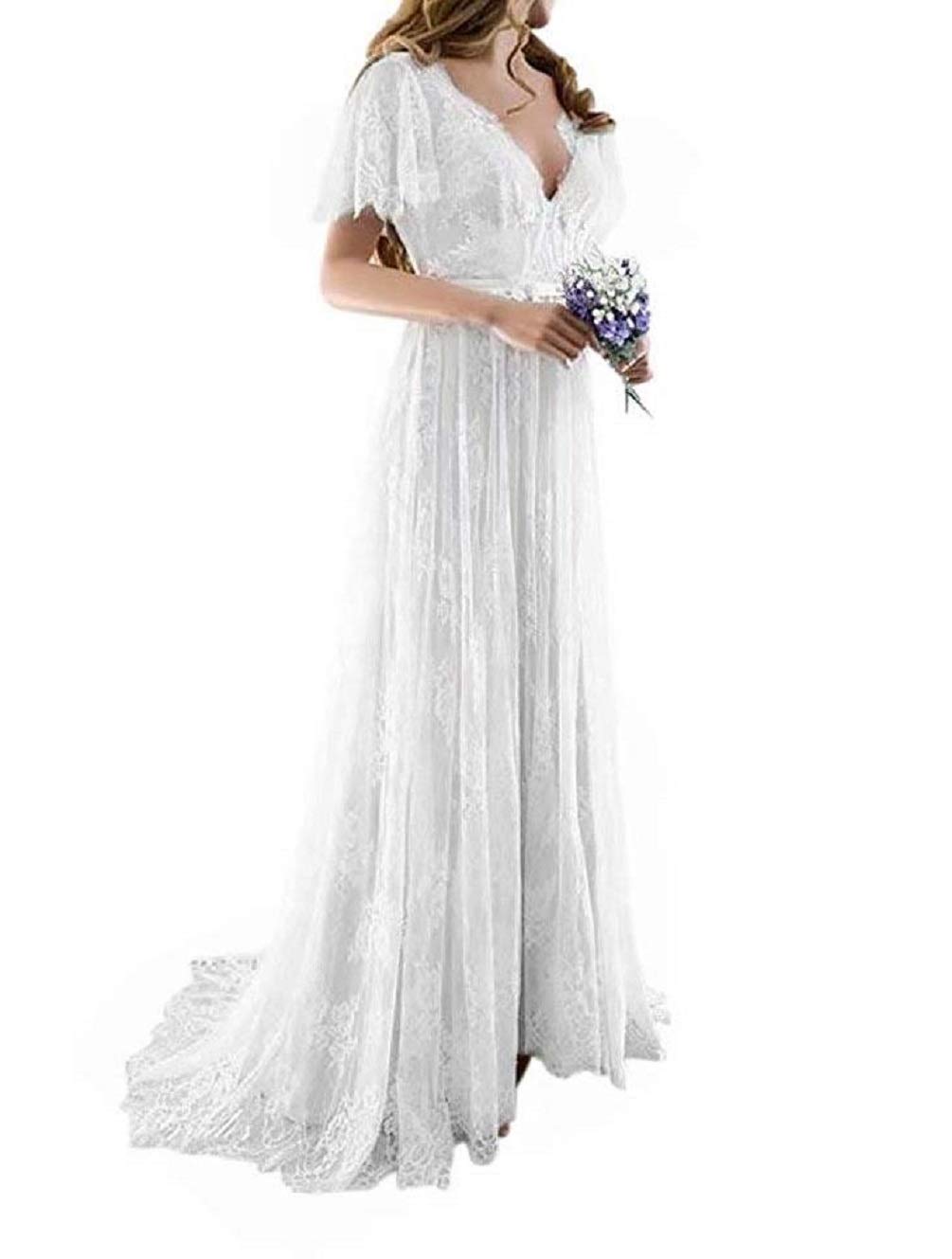 Elegant Lace Wedding Dress with Short Sleeves & Open Back - Perfect for Beach Brides & Outdoor Ceremonies | Boho Bridal Gown for Summer Weddings & Destination Elopements