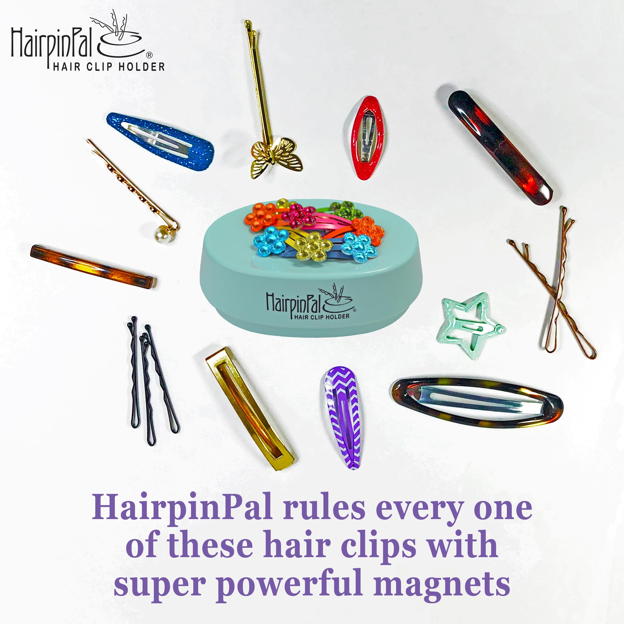 HairpinPal Magnetic Bobby Pin Holder - Strong Magnetic Hair Clip Organizer for Bobby Pins & Hair Accessories - Keeps Bathroom & Vanity Tidy - Made in USA (Sea Foam Teal) - Perfect for Home, Salon & Travel Use