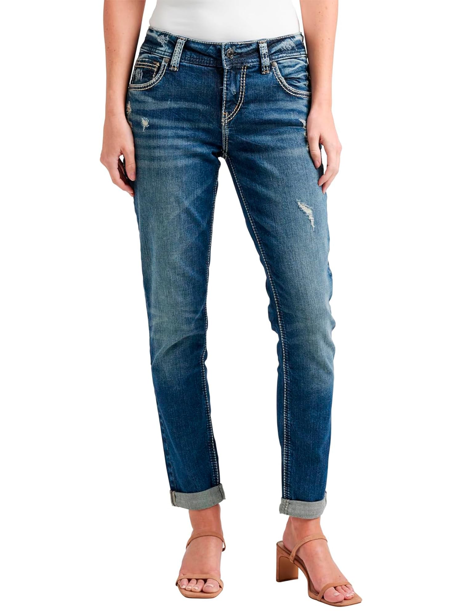Silver Jeans Co. Women's Plus Size Girlfriend Mid Rise Skinny Jeans - Stretch Denim Pants for Curvy Women | Comfortable & Stylish for Casual Wear, Office & Date Nights