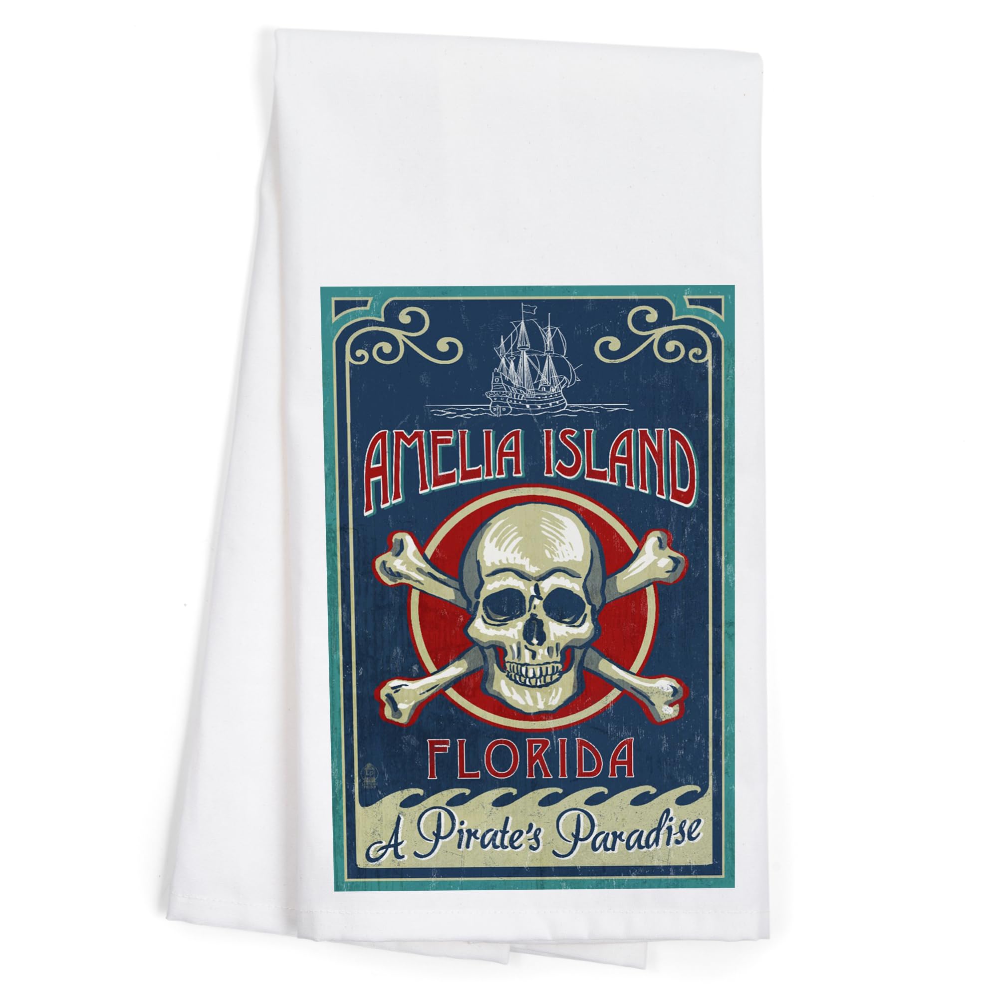 Amelia Island Florida Skull & Crossbones 100% Cotton Tea Towel - Decorative Kitchen Hand Towel for Home Decor, Dish Drying & Coastal Themed Spaces