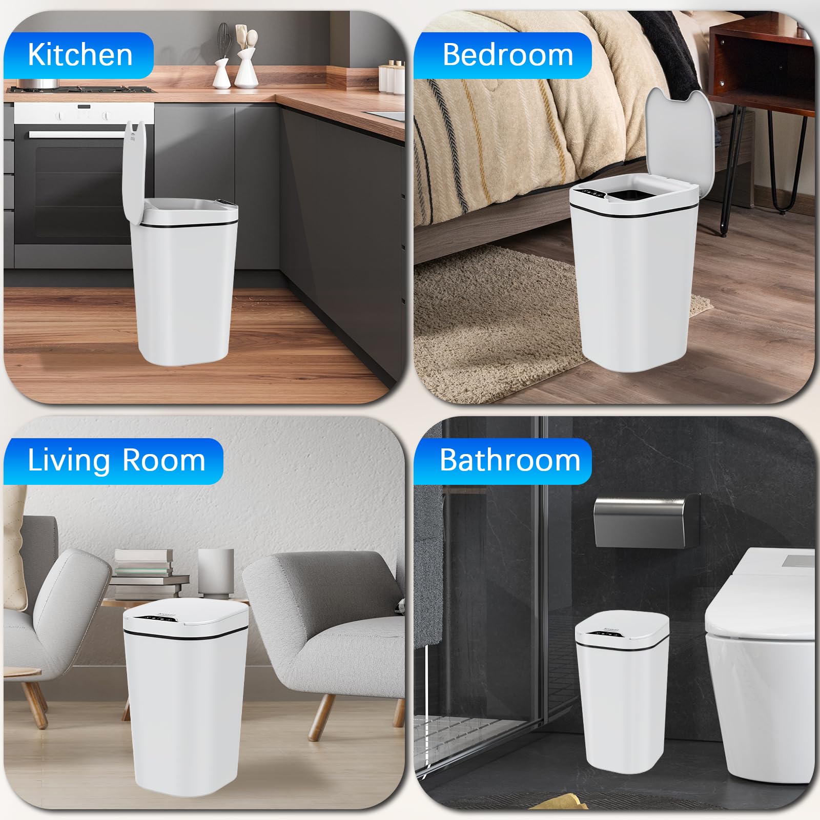 2 Pack Automatic Motion Sensor Trash Can with Lid - 2.5 Gallon Touchless Electric Garbage Bin, Slim Waterproof Waste Basket for Bathroom, Bedroom, Office & Kitchen (White) | Hands-Free Convenience for Hygiene & Small Spaces