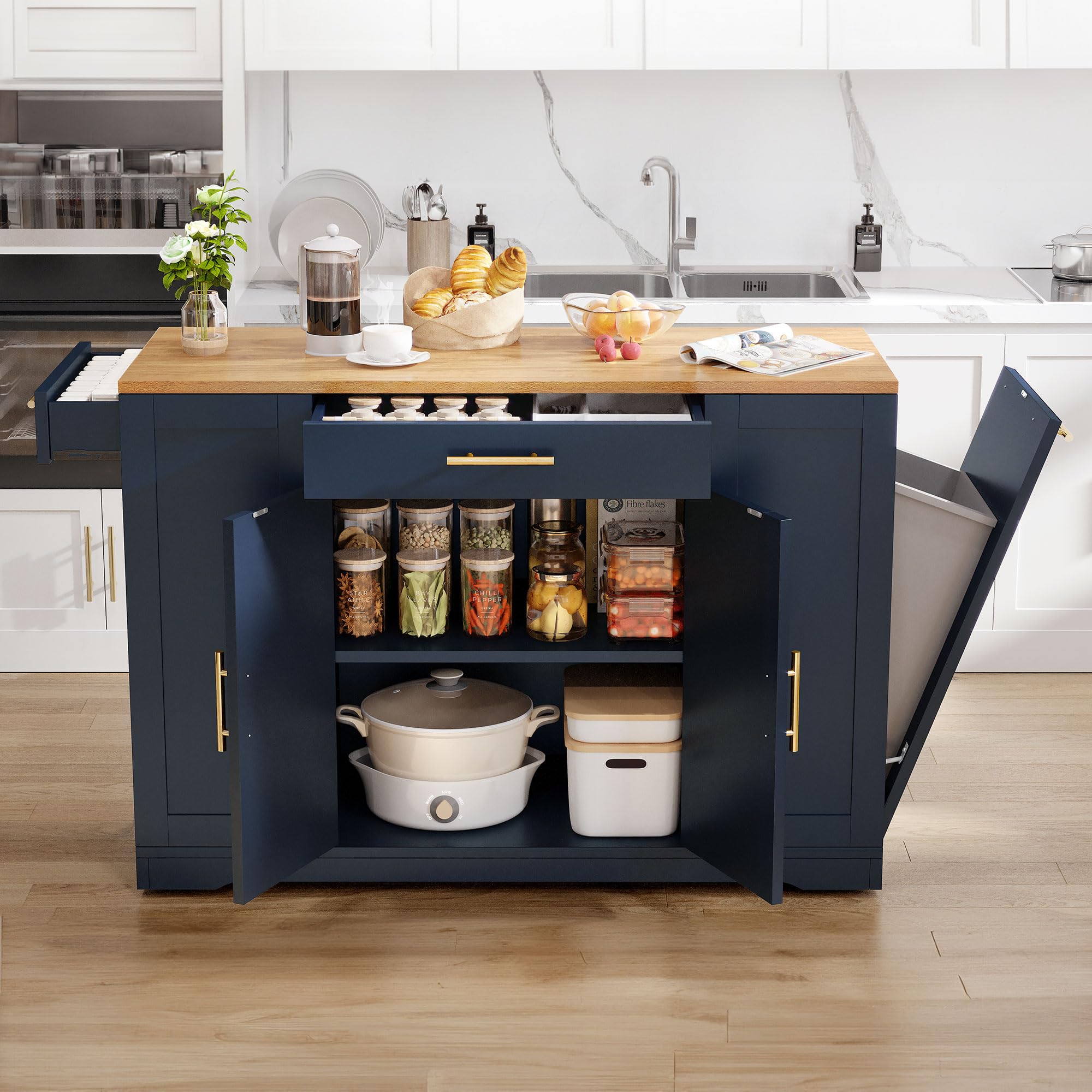 DWVO 53-Inch Large Kitchen Island with Storage & Seating - Rolling Portable Kitchen Cart with Trash Can Cabinet for 13 Gallon Garbage Bin, Navy Blue - Perfect for Small Kitchens, Dining Areas & Home Organization