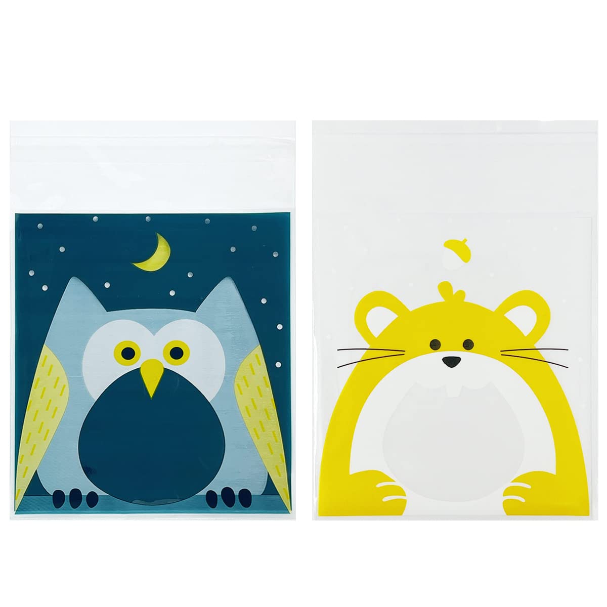 Allydrew 4x4 Inch Clear Self-Adhesive Candy Bags - 200 Pack Resealable Treat Bags for Cookies, Candies, Party Favors - Perfect for Birthday Parties, Baby Showers & Wedding Favors - Cute Owl & Squirrel Design