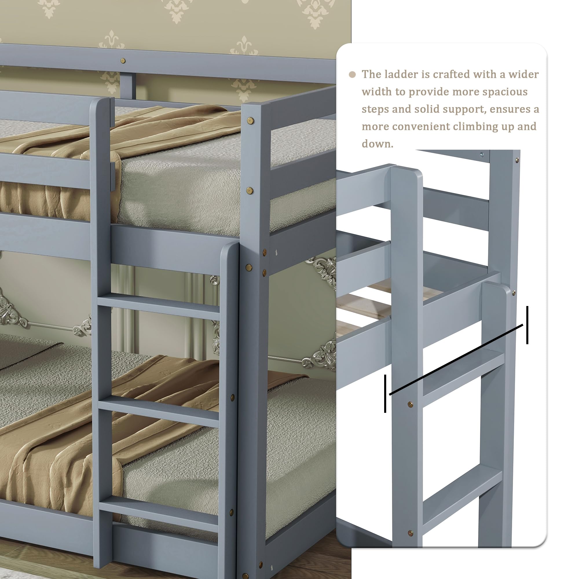 Twin Over Twin Low Bunk Bed with Safety Guardrail & Ladder - Space-Saving Kids Bedroom Furniture for Small Rooms - Easy Assembly, Sturdy Design for Children's Bedroom or Guest Room
