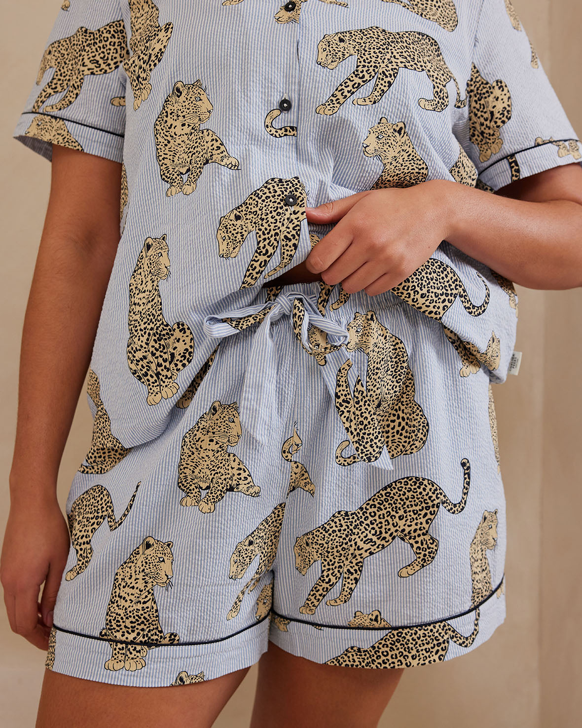 Seersucker Cotton Leopard Stripe Print Short Pajama Set for Women - Comfortable Summer Sleepwear & Lounge Wear for Hot Nights