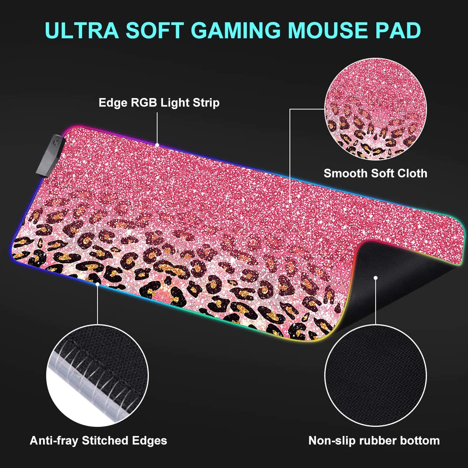 RGB Gaming Mouse Pad with LED Lights - Large Non-Slip Waterproof Desk Mat for Keyboard & Mouse - Pink Glitter Leopard Design - Perfect for PC Gaming, Office Work & Streaming Setup