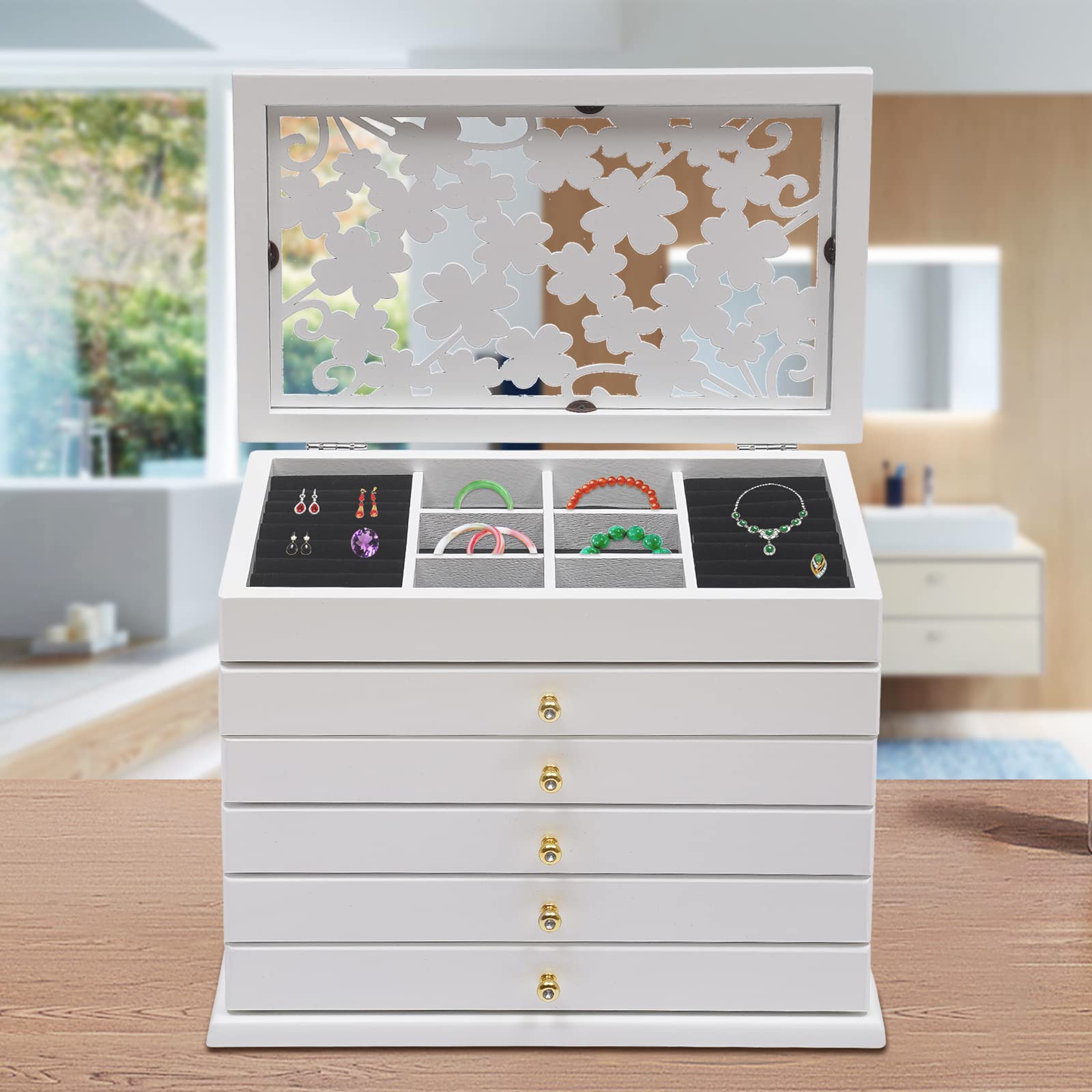 TFCFL 6-Layer Wooden Jewelry Box Organizer for Women - 5 Drawers Storage Case for Rings, Watches, Necklaces & Accessories (White) | Perfect for Bedroom Vanity, Travel & Gift Giving