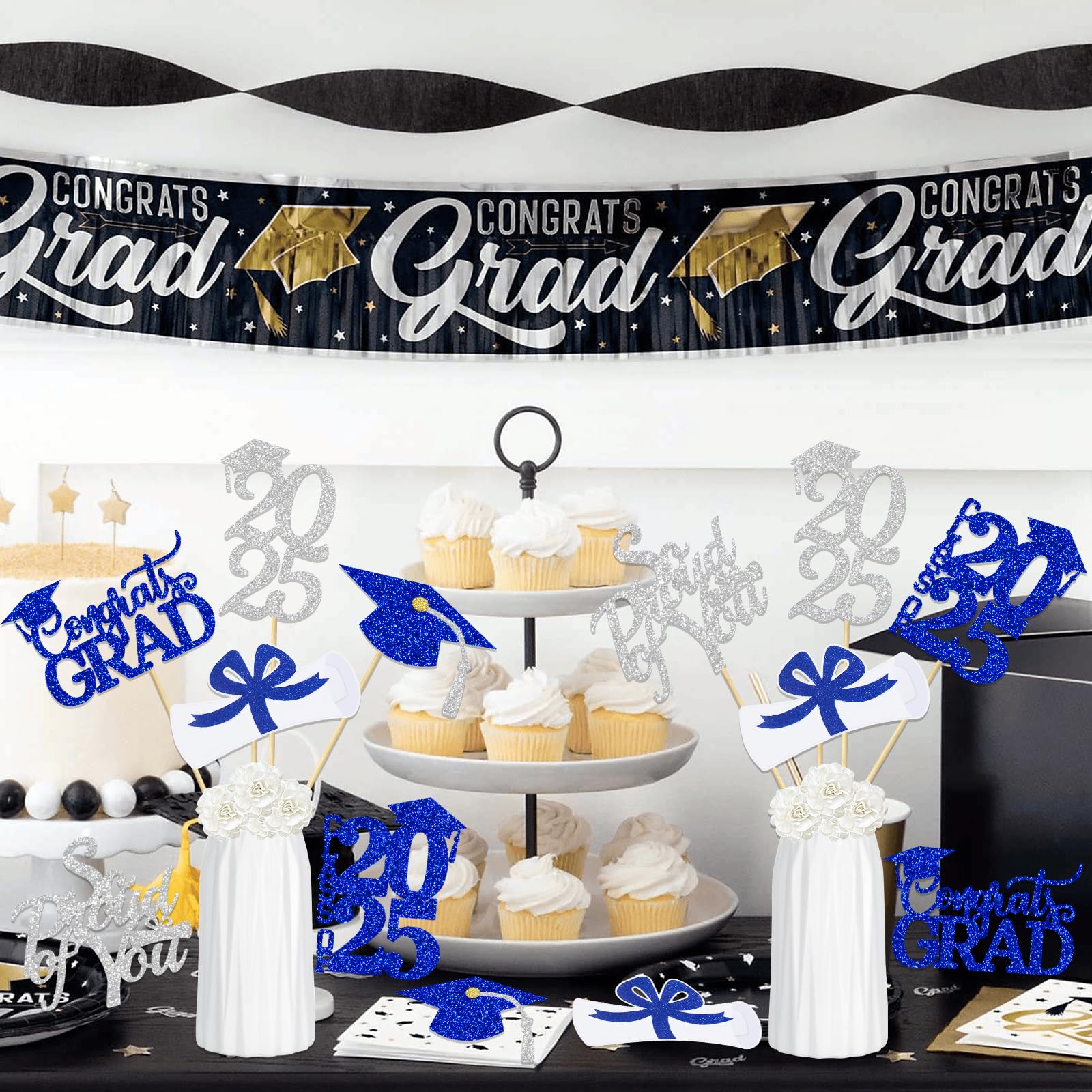 24Pcs Blue and Silver 2025 Graduation Centerpiece Sticks - Elegant Table Decor for Graduation Party, Class of 2025 Celebration, Commencement Ceremony | Perfect for Graduation Banquets, School Events & Photo Backdrops