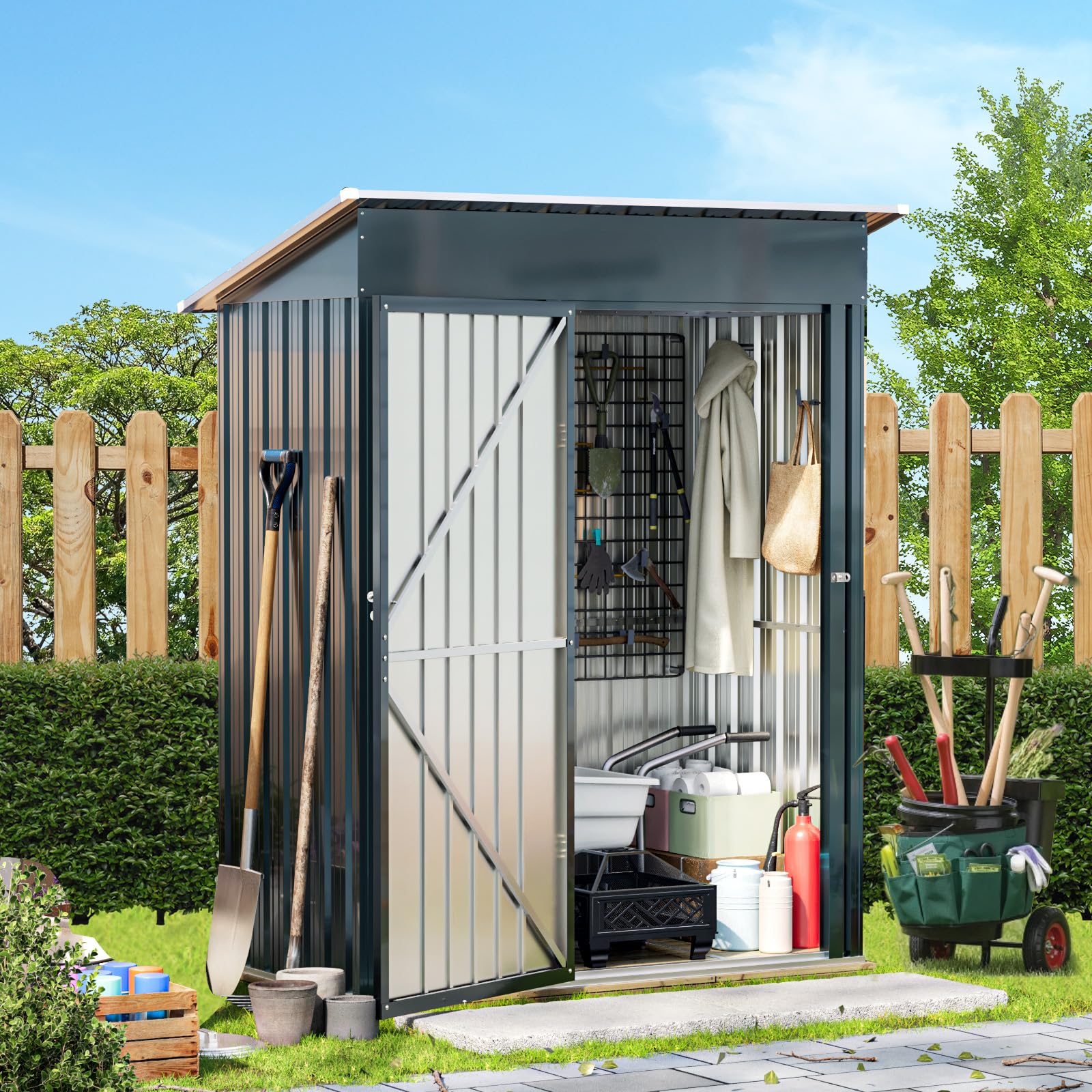5x3FT Vertical Outdoor Steel Storage Shed with Floor Frame | Lockable Metal Tool Shed for Garden, Backyard, Patio | Weather-Resistant Utility Shed for Bike, Lawn Equipment & Outdoor Gear Storage | Perfect for Small Spaces & Urban Homes