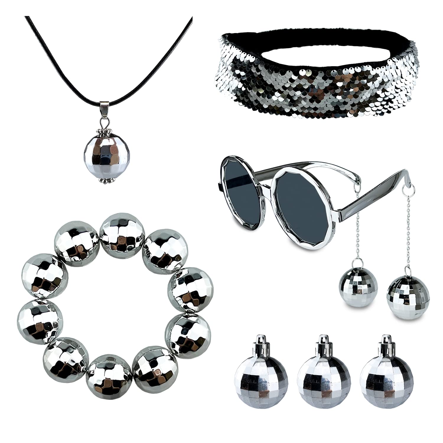 Vintage 1970s Disco Ball Sunglasses Set - Retro Party Costume Accessories for Women & Men (Silver) | Perfect for Disco Themed Parties, Halloween, Cosplay & 70s Dance Events