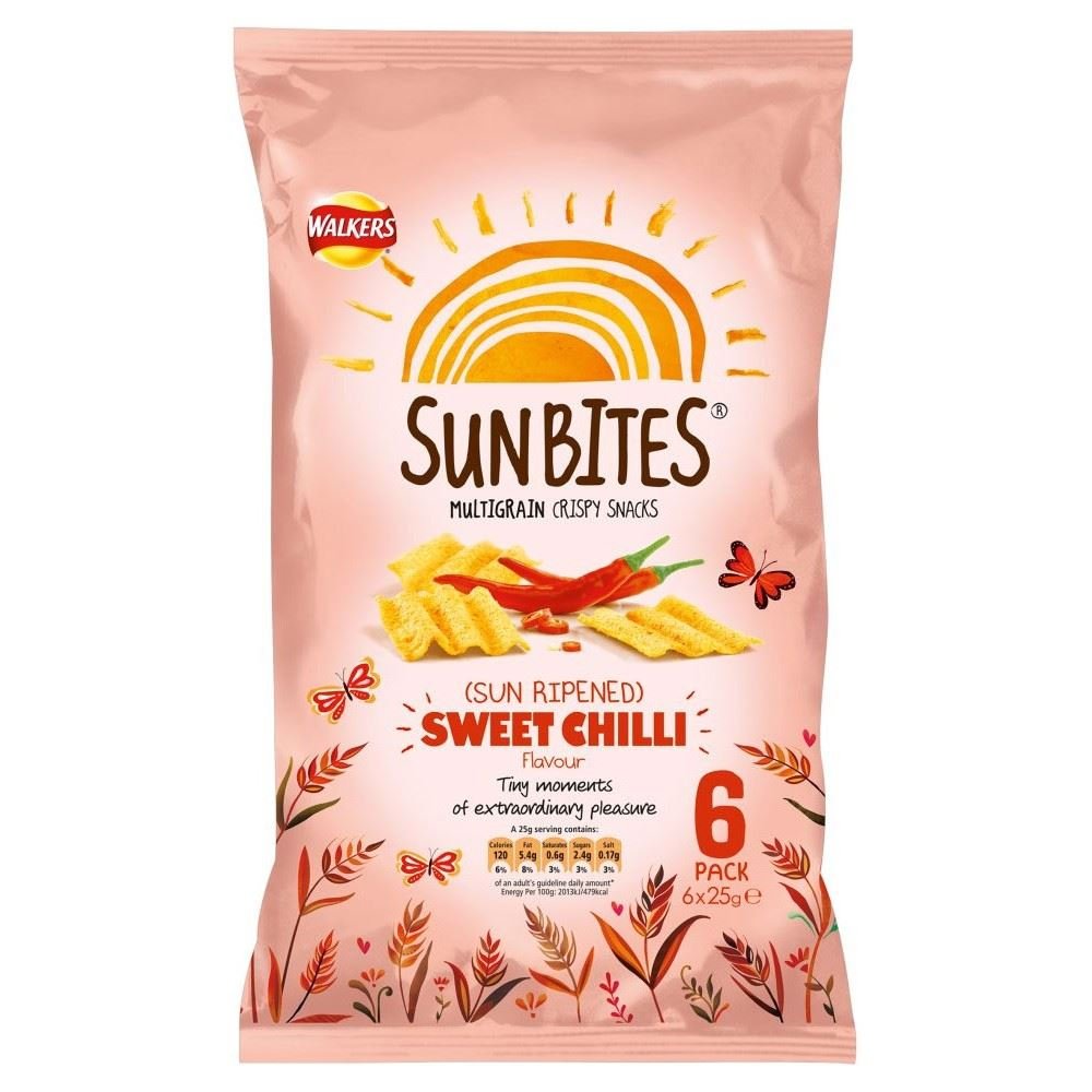 Walkers SunBites Wholegrain Snacks - Sun Ripened Sweet Chilli Flavor (6x25g) - Pack of 2 - Healthy On-The-Go Snack for Work, School & Picnics