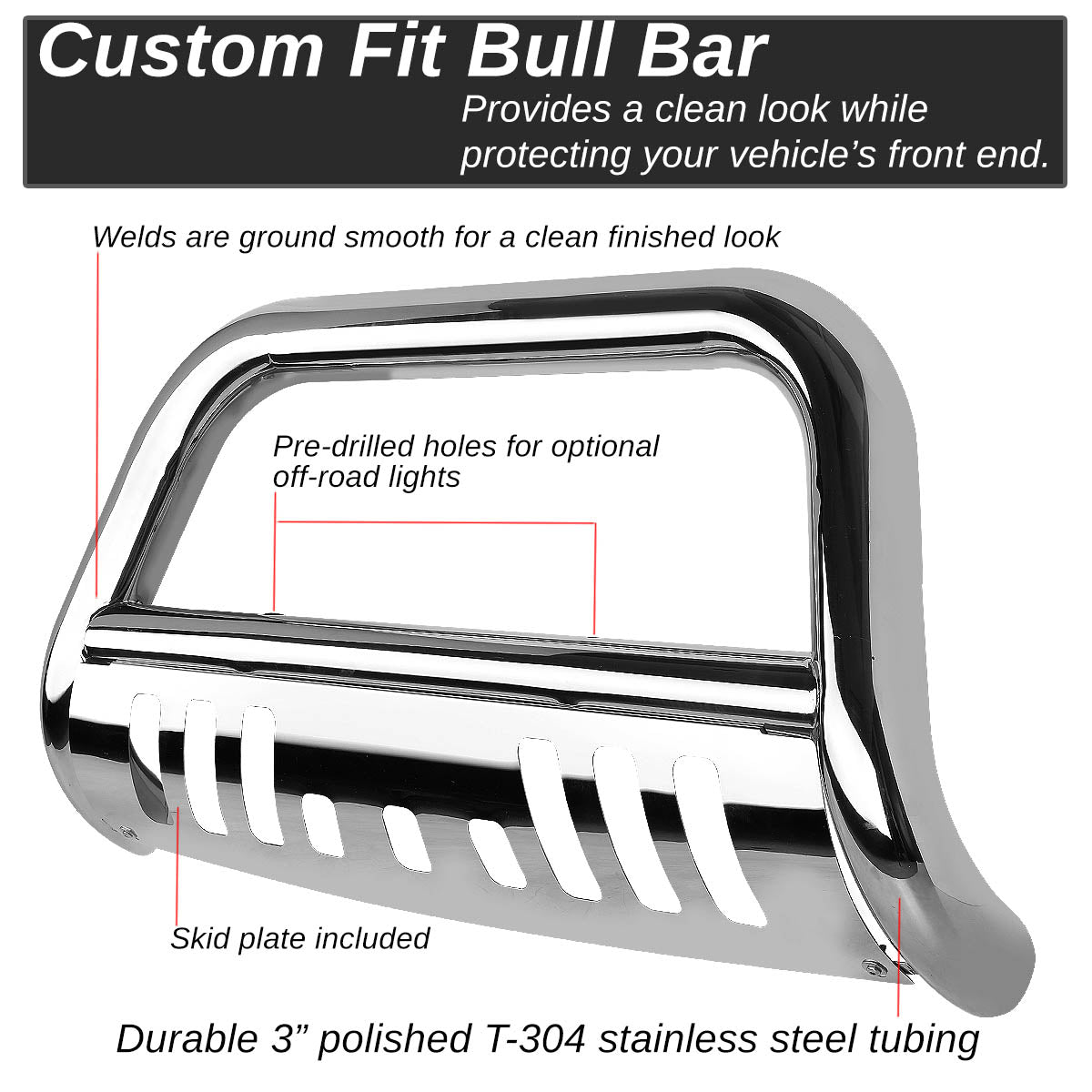 2007-2013 Chevy Silverado & GMC Sierra 1500 Stainless Steel Bull Bar with Skid Plate - Heavy Duty Front Bumper Guard for Off-Road Protection & Truck Accessories