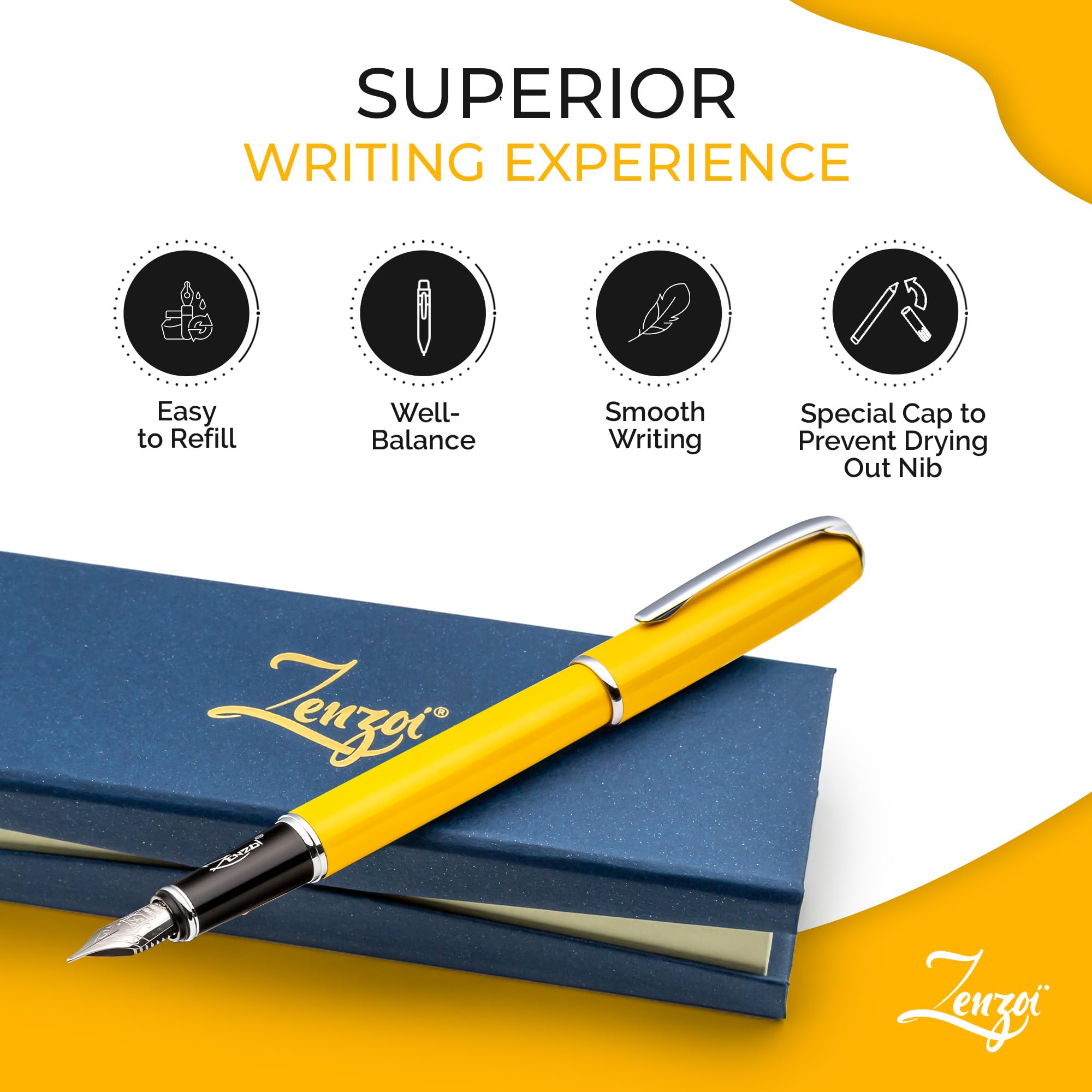 Premium ZenZoi Yellow Fountain Pen for Women & Men - Smooth Writing Schmidt Fine Nib Luxury Gift Set with Converter & 2 Ink Refills - Elegant Professional Journaling Pen for Office, School & Calligraphy