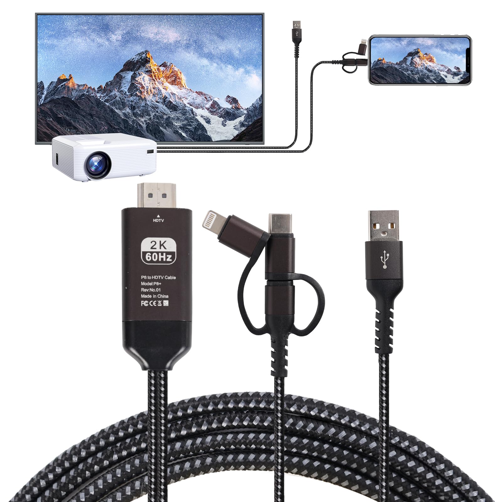 2K 60Hz HDMI Cable Adapter - 1080P Type C to TV Converter for Android Phone, 3-in-1 Multi-Function Plug & Play - Compatible with Roku TV, PS5, HDTV, Blu-ray - Perfect for Home Theater, Gaming & Presentations