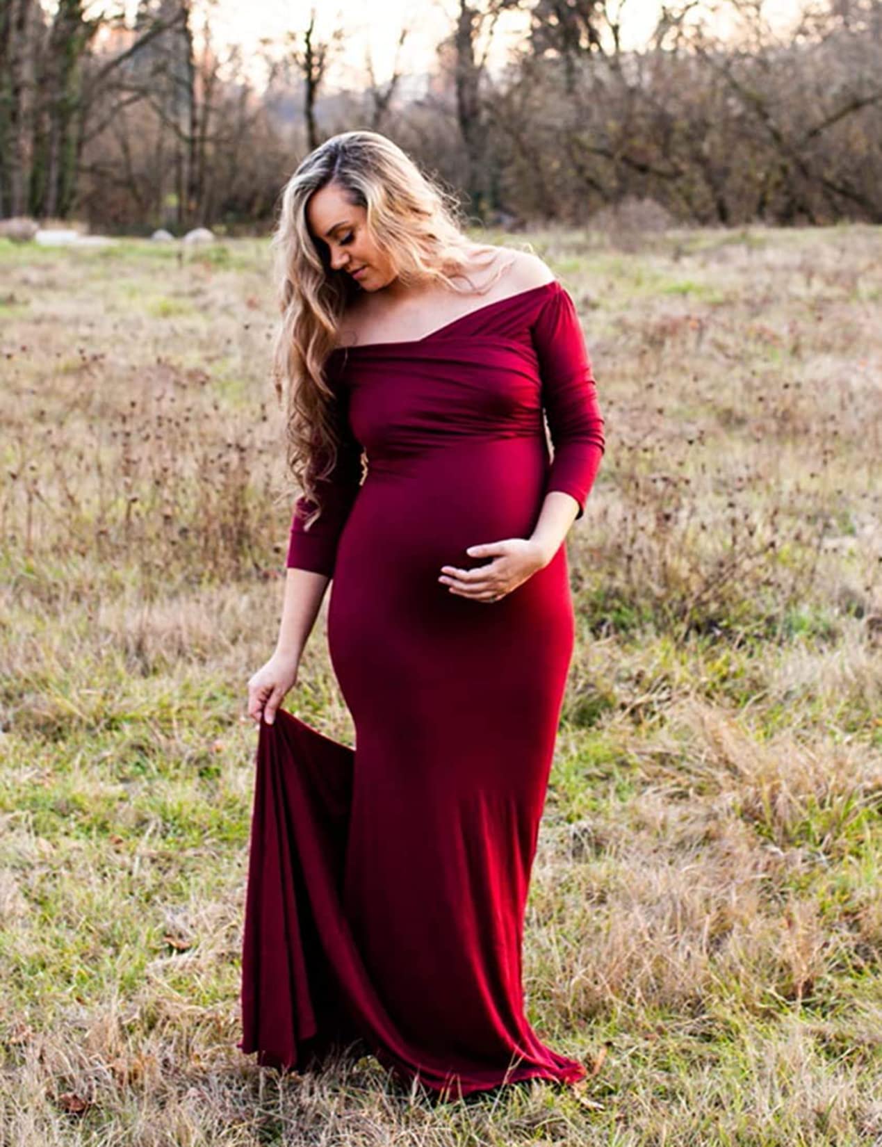 Saslax Elegant Fitted Maternity Gown - Long Sleeve Slim Fit Maxi Dress for Pregnancy Photoshoot, Baby Shower & Special Occasions