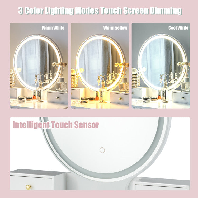 Costway Vanity Set with Adjustable LED Light, Round Mirror & Storage Drawers - Perfect for Makeup, Skincare & Dressing Table Organization
