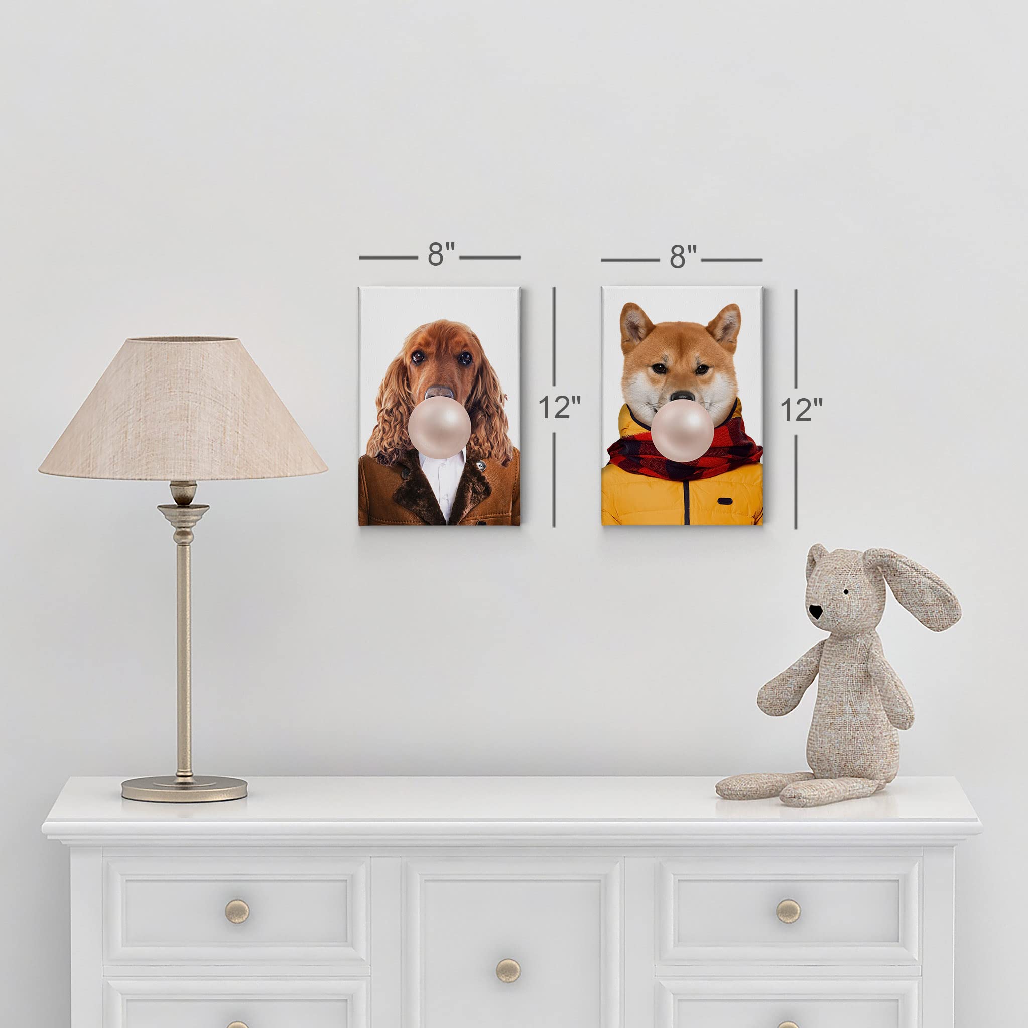 English Cocker Spaniel & Shiba Inu Dog Chewing Bubble Gum Pop Art Canvas Print Set - 2 Piece Animal Wall Art for Living Room, Bedroom, Nursery Decor (22x15 Inches) - Perfect for Pet Lovers' Home & Kids Room Decoration