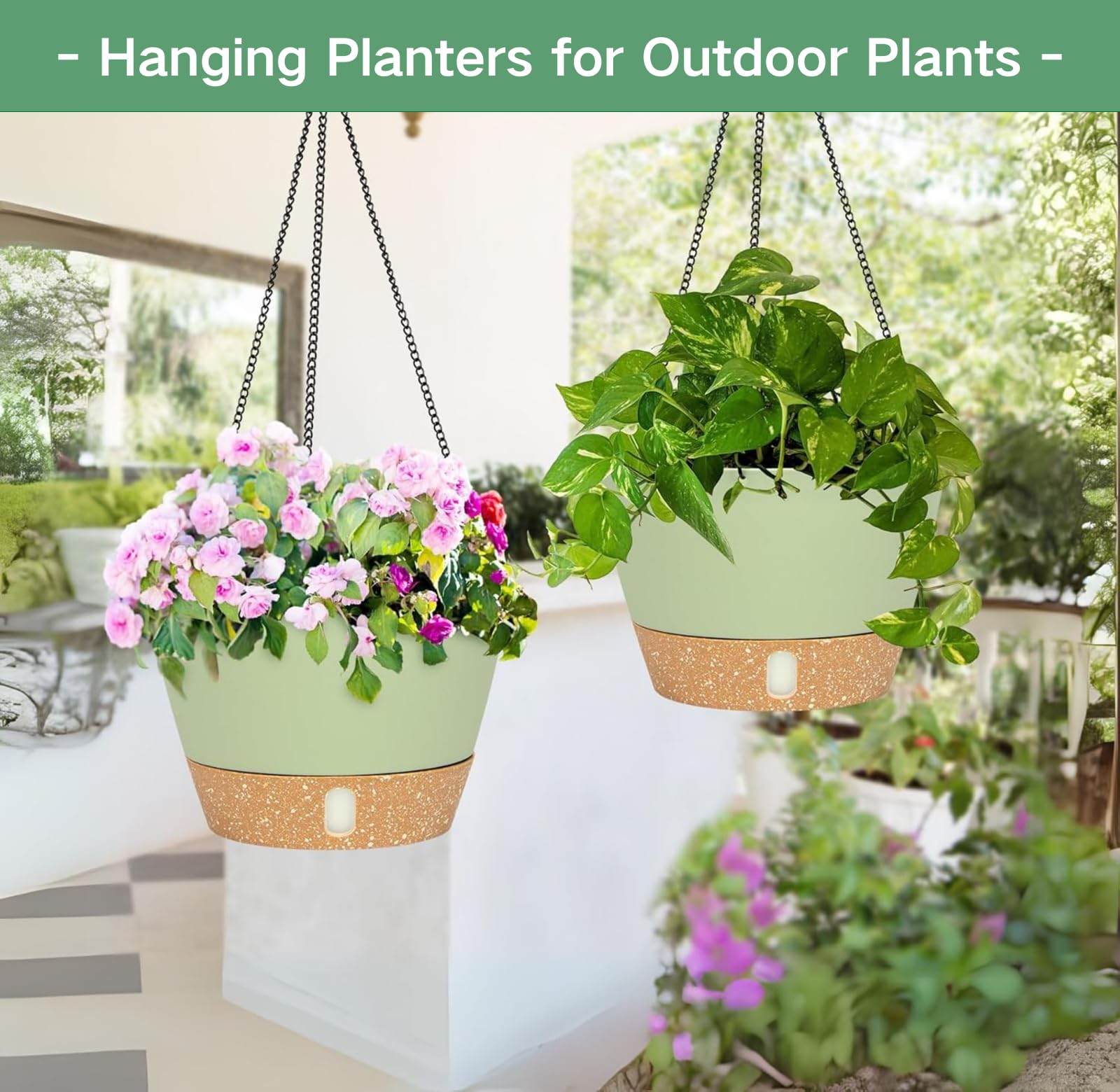 10 Inch Hanging Planters for Indoor Plants - 2 Pack Self Watering Pots with Drainage Holes & Removable Tray - Outdoor Hanging Baskets for Balcony, Patio, Garden Decor - Perfect for Herbs, Flowers & Small Plants