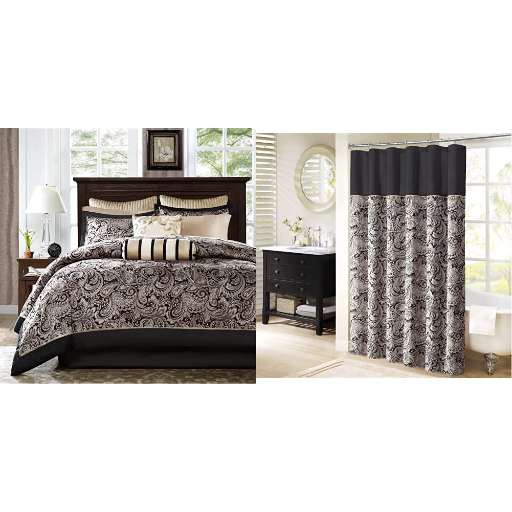 Madison Park Aubrey Queen Size Comforter Set - 12 Piece Bed in a Bag with Paisley Jacquard Shower Curtain | Microfiber Faux Silk Bedding | 72