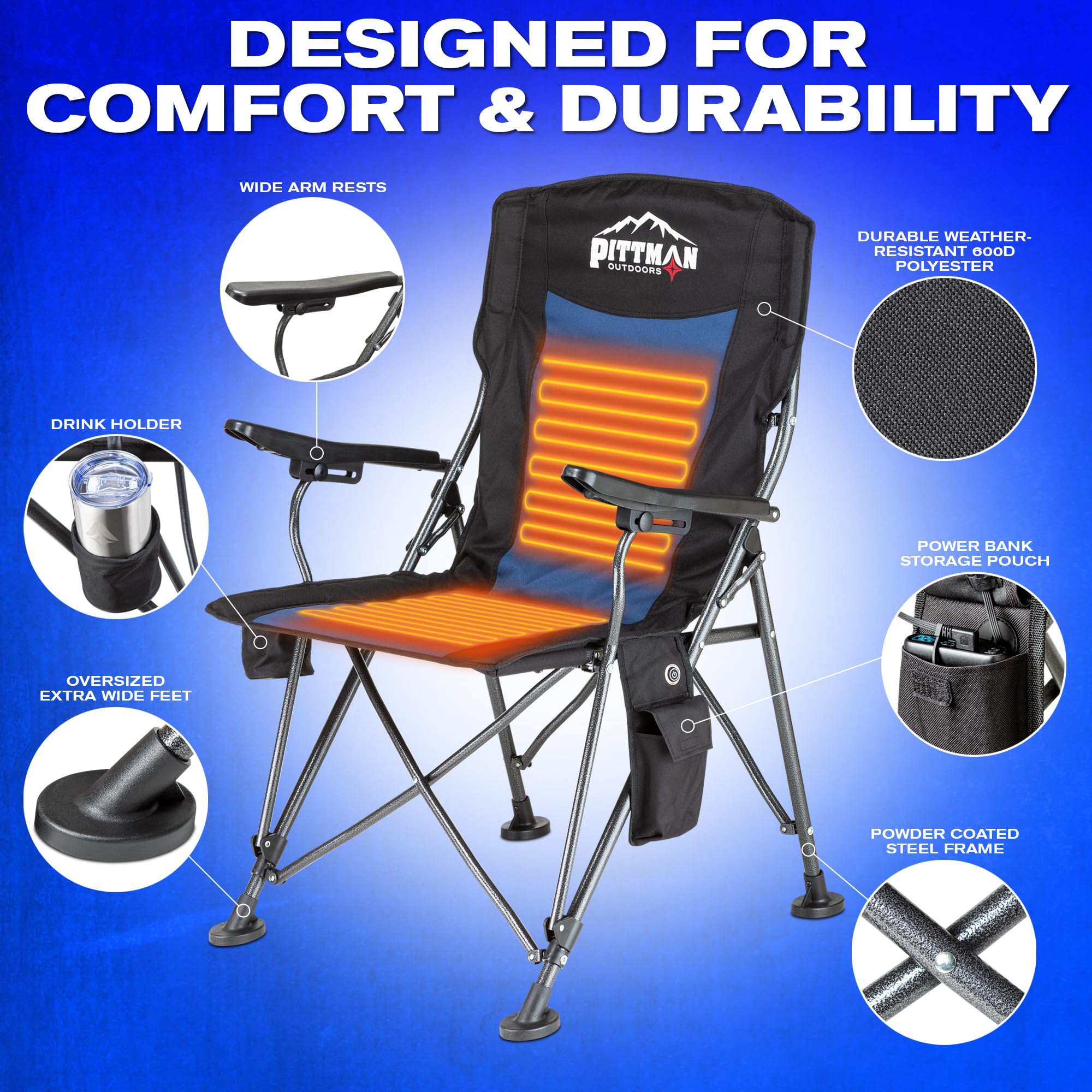 Pittman Heated Camping Chair for Adults - Portable Outdoor Heated Folding Chair with Battery Power (Batteries Not Included) - Perfect for Hunting, Fishing, Camping & Backyard Relaxation in Cold Weather