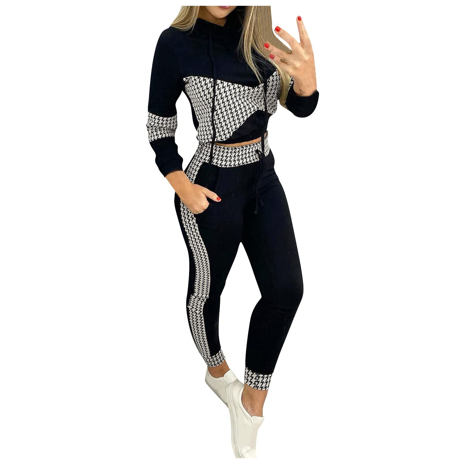 Women's Winter V-Neck Black Chiffon Print Long Sleeve Casual Suit Set - Elegant Office Wear & Holiday Party Outfit