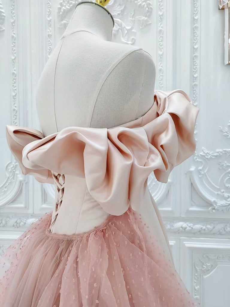 Elegant Off Shoulder A-Line Pink Tulle Prom Dress for Women - Long Formal Gown for Homecoming, Ball, and Evening Parties