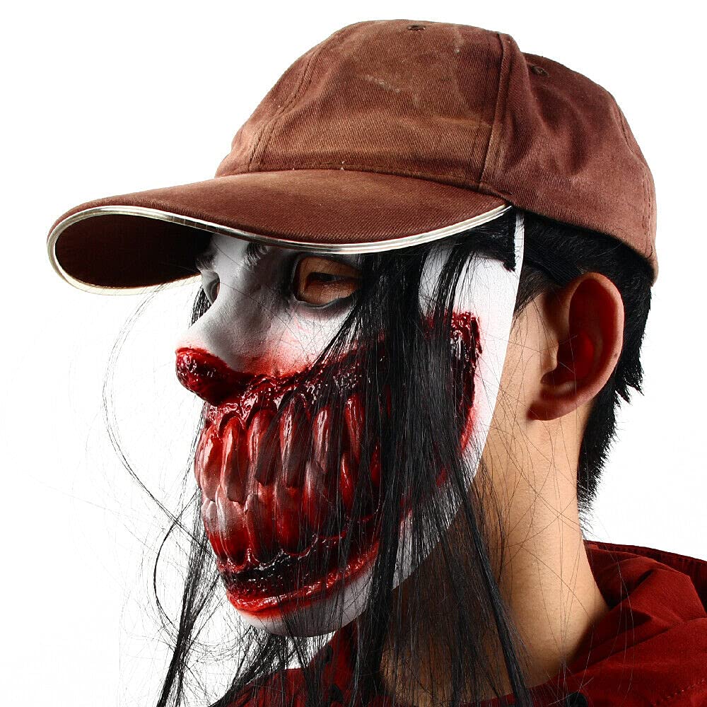 Scary Teeth Halloween Mask with Hair - Realistic Bloody Face Mask for Adults, Horror Costume Accessory for Halloween Parties & Haunted Houses
