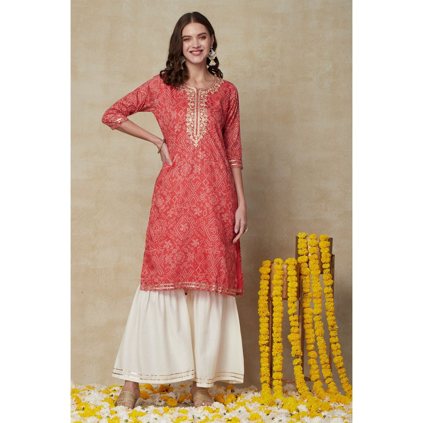 Elegant Pink Bandhini Kurta with Gotta Patti Embroidery - Traditional Indian Ethnic Wear for Women | Perfect for Festivals, Weddings & Cultural Events